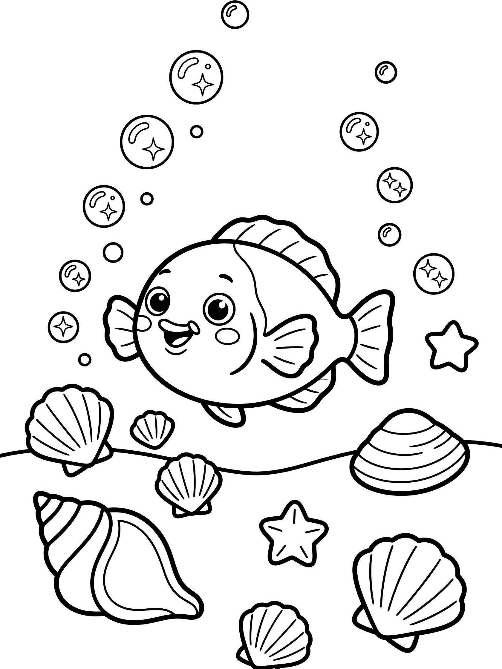 Black and white line art coloring page showing a happy triggerfish with big eyes among seashells and rising bubbles on ocean floor