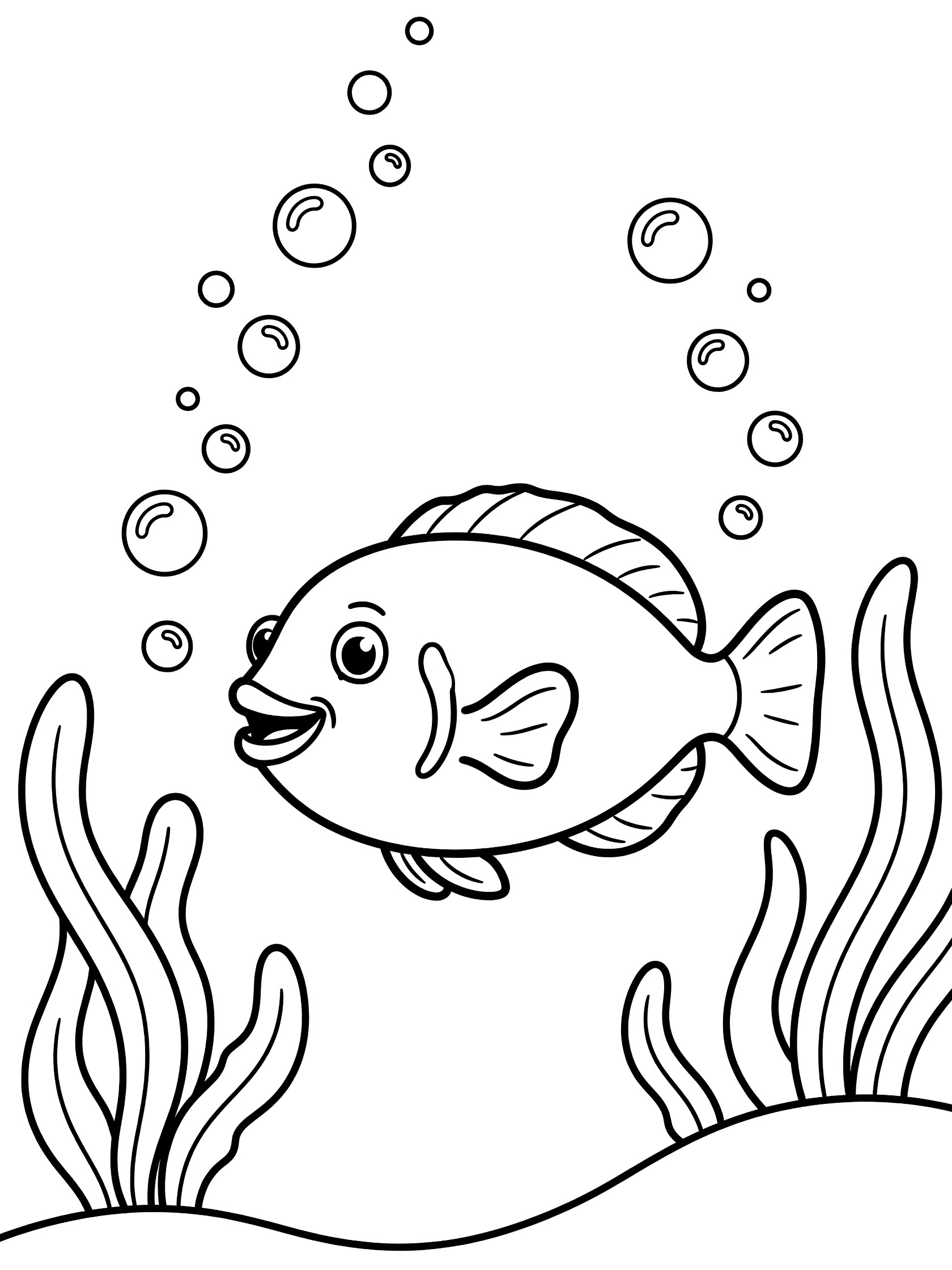 Black and white line art coloring page showing a cheerful cartoon triggerfish with big eyes, smiling mouth, bubbles around it, and simple seaweed on a white background.