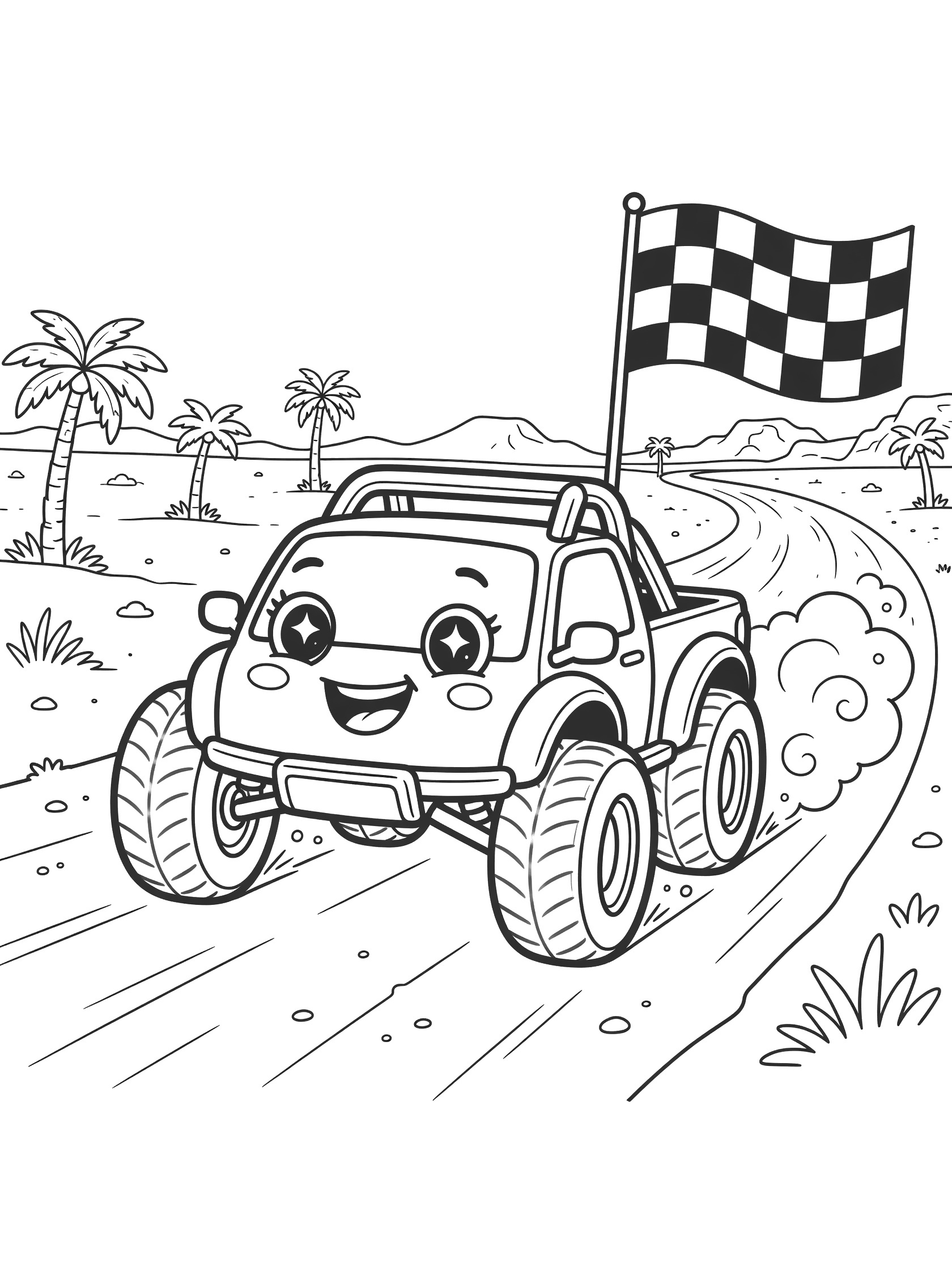 Kawaii trophy truck with sparkling eyes, rosy cheeks, and big tires speeding on dirt track with dust clouds toward tall checkered finish line flag, palm trees, and mountains.