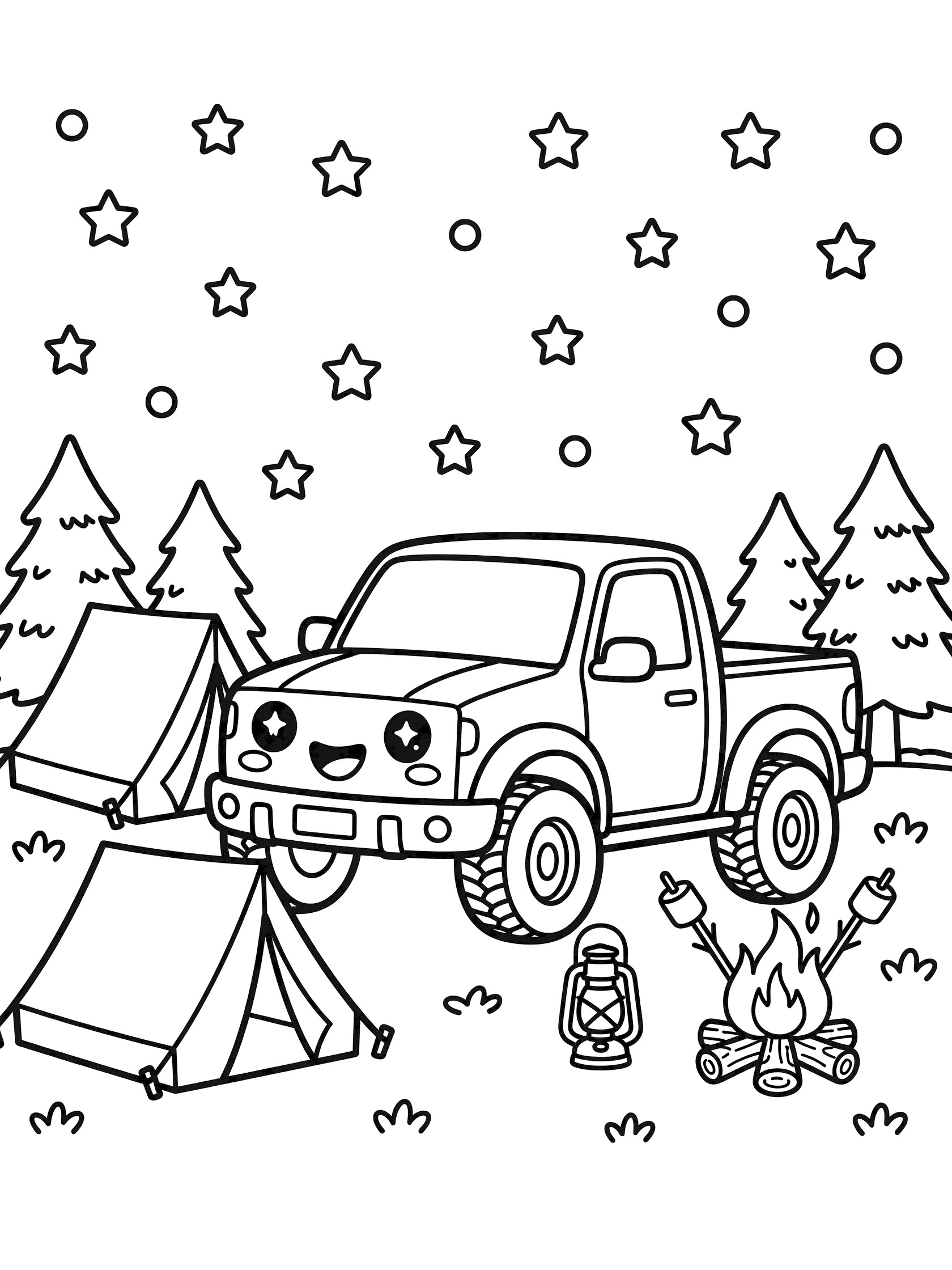 Black and white line art coloring page of a cute smiling pickup truck at a forest campsite with tent, campfire, marshmallows, lantern, trees, and starry sky. Ford Raptor themed black and white printable line art