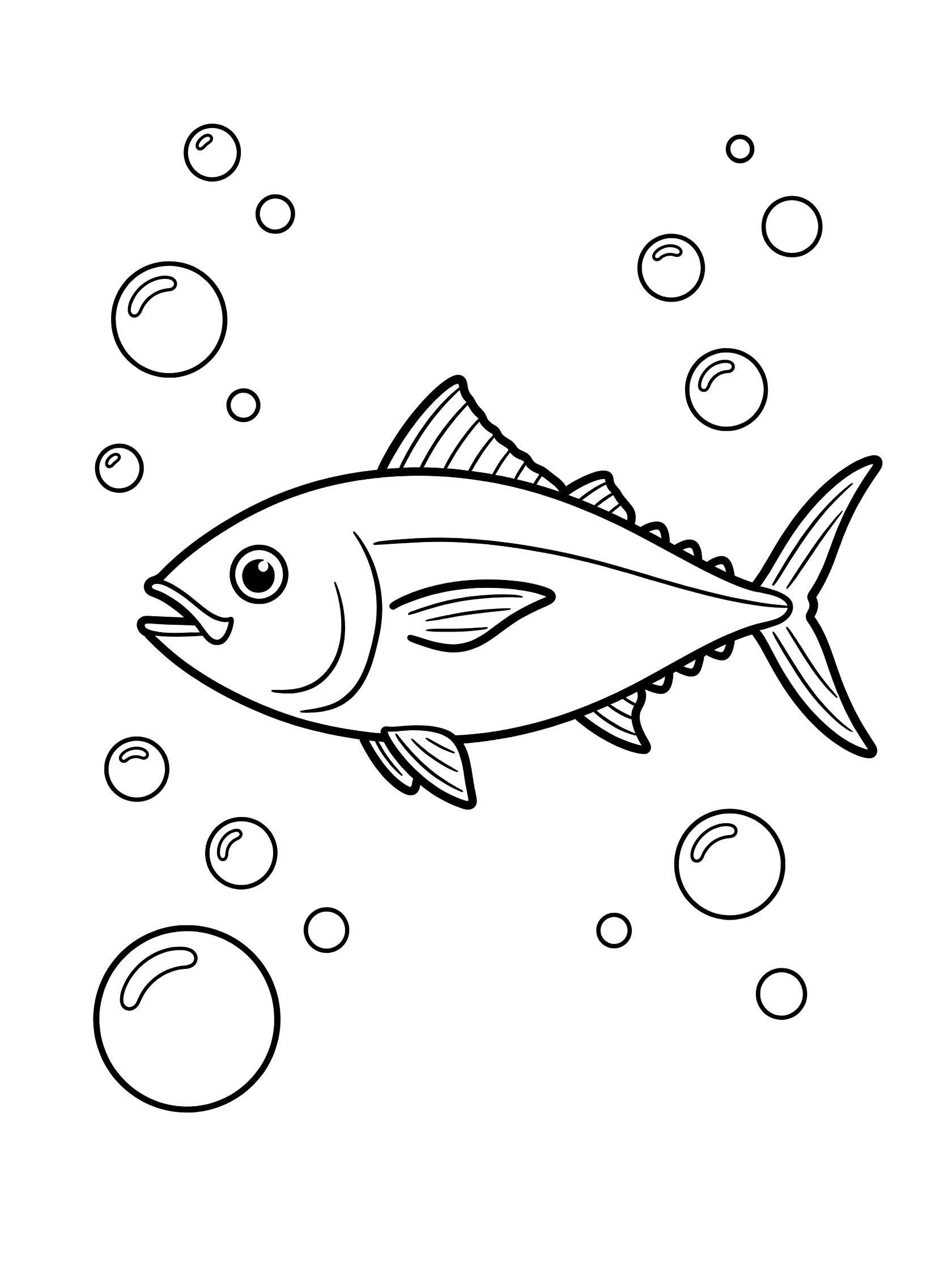 Black and white coloring page showing a cute tuna fish with big eyes swimming gracefully surrounded by round bubbles