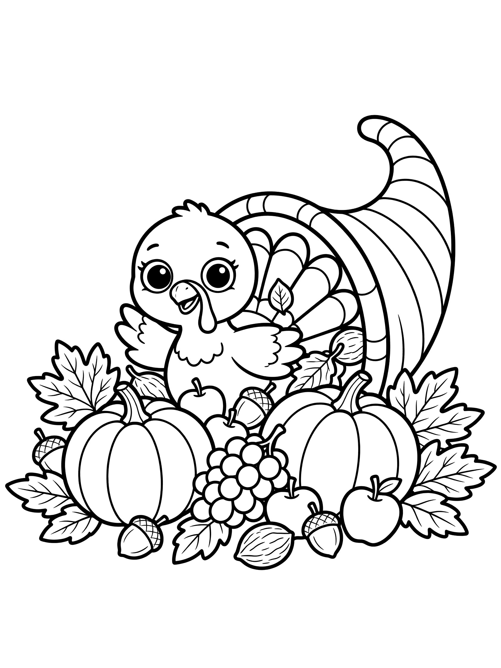 Kawaii style turkey with big sparkling eyes peeking playfully from a large cornucopia overflowing with fruits, nuts, pumpkins and fall leaves coloring page