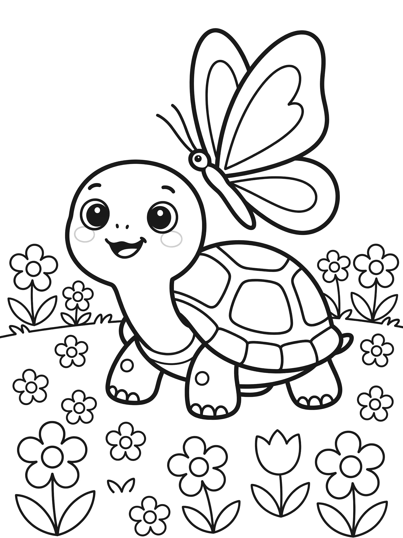 Printable coloring page showing a cute turtle smiling with a large butterfly landing on its nose in a field of simple flowers. Tortoise themed black and white printable line art