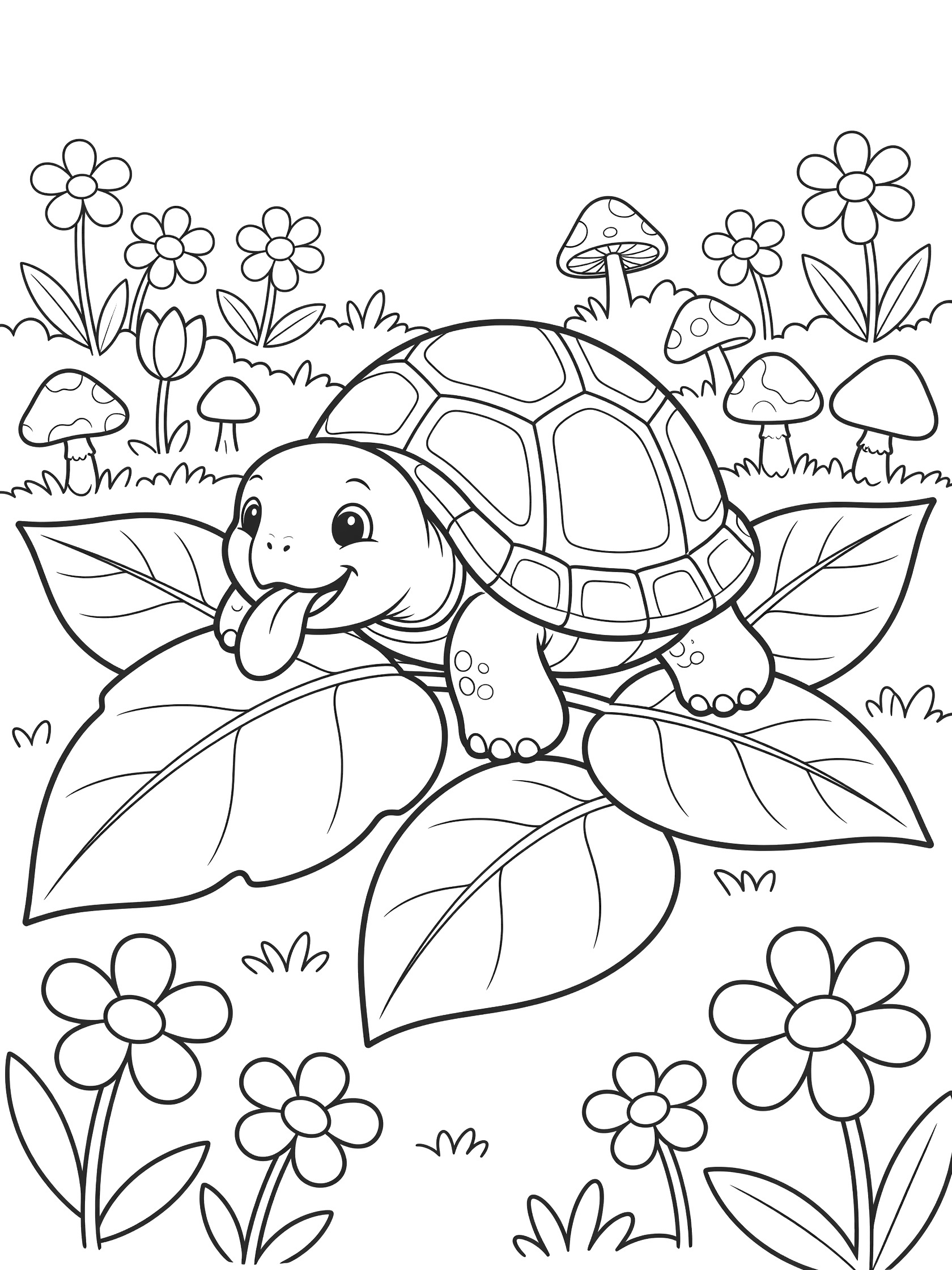 Black and white line art coloring page showing a cute turtle eating large leaves surrounded by flowers and mushrooms