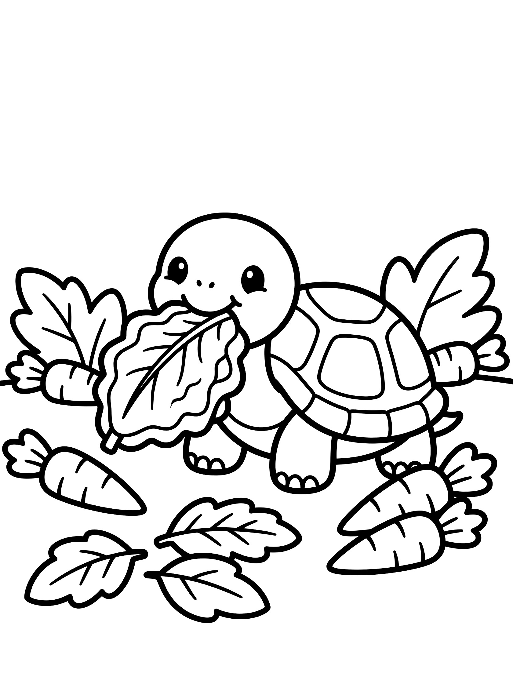 Black and white line art coloring page showing a cute turtle with big eyes eating a large lettuce leaf surrounded by carrots and leaves on the ground. Tortoise themed black and white printable line art