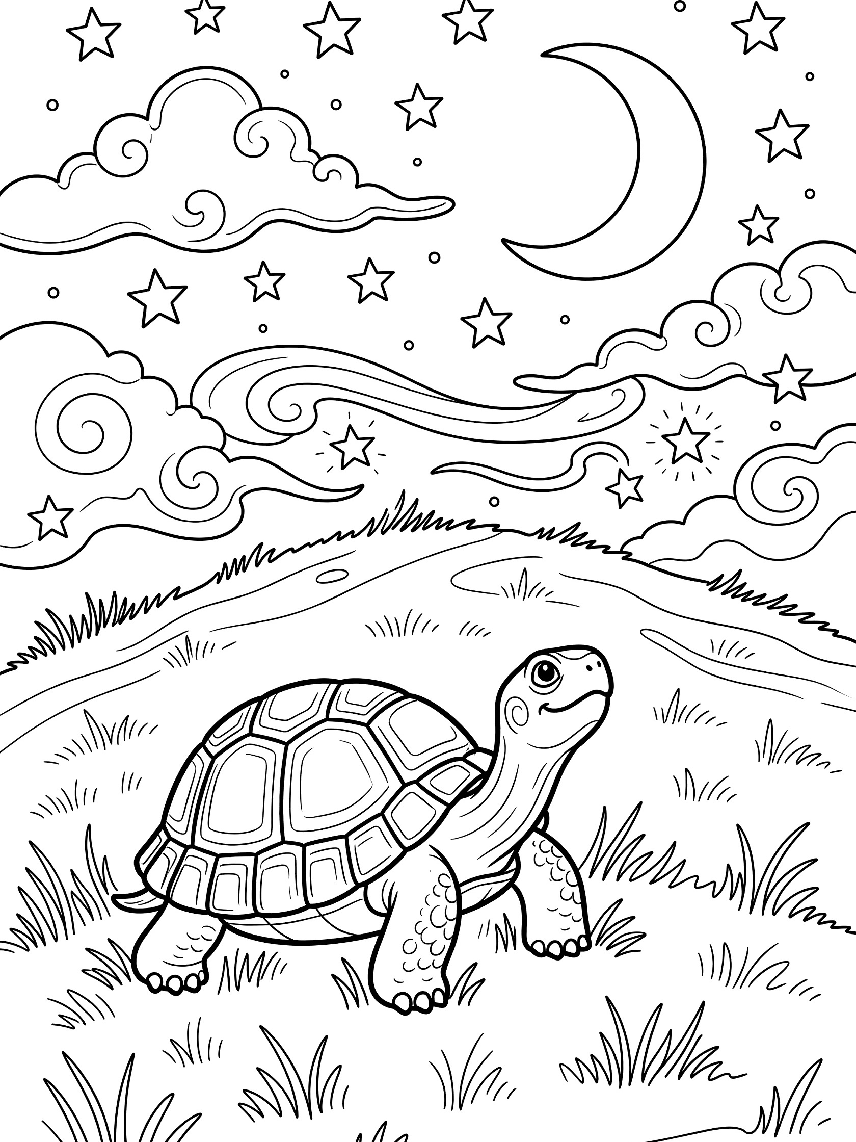 Black and white line art coloring page of a cute turtle on grass gazing up at a starry night sky with crescent moon and swirling clouds. Tortoise themed black and white printable line art