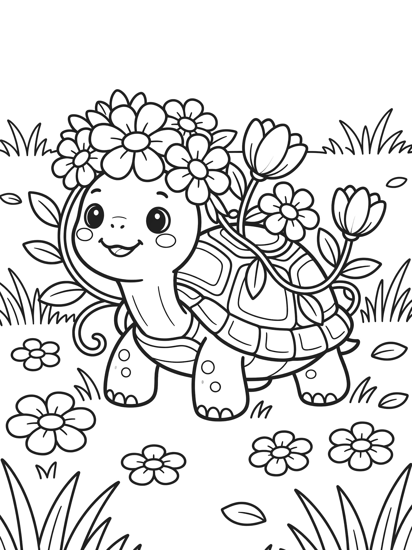 Black and white line art coloring page showing a cute turtle with big eyes and smile, wearing a crown of flowers on its head, shell with vines, surrounded by grass and scattered flowers. Tortoise themed black and white printable line art
