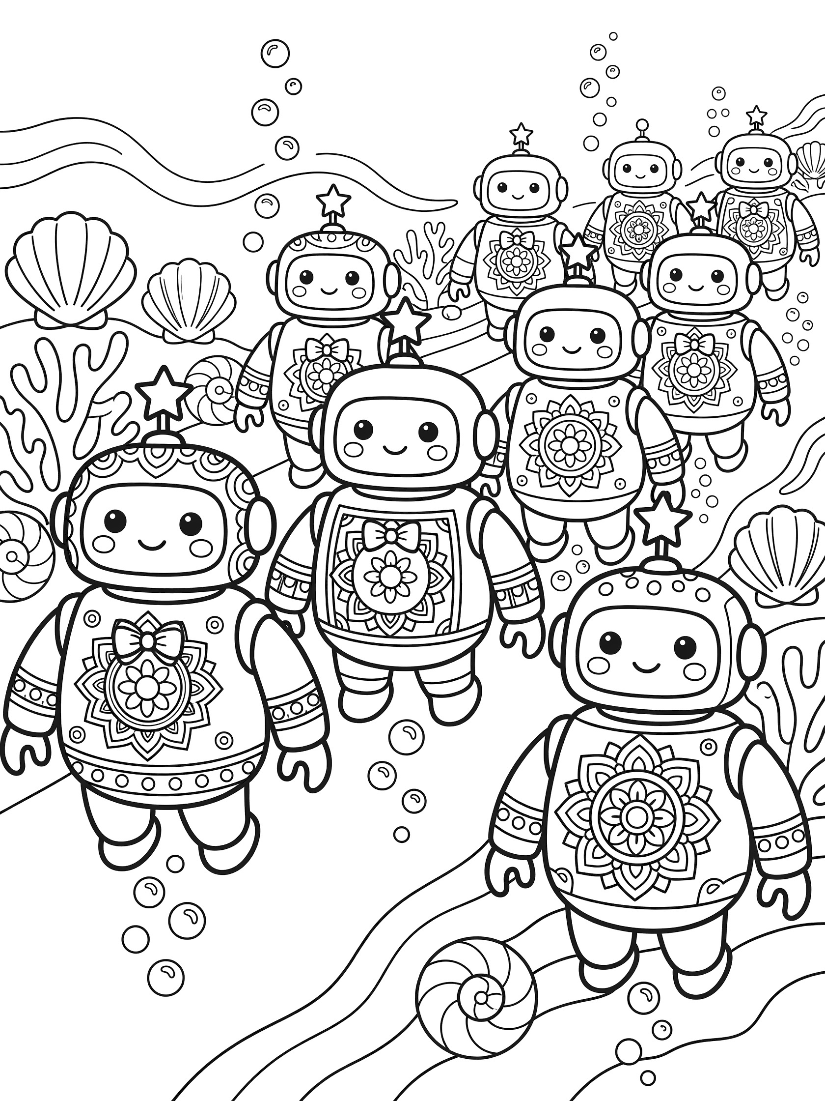 Black and white coloring page showing a friendly robot parade underwater with cute robots marching, bubbles, seashells, corals, and stars in mandala-lite style.