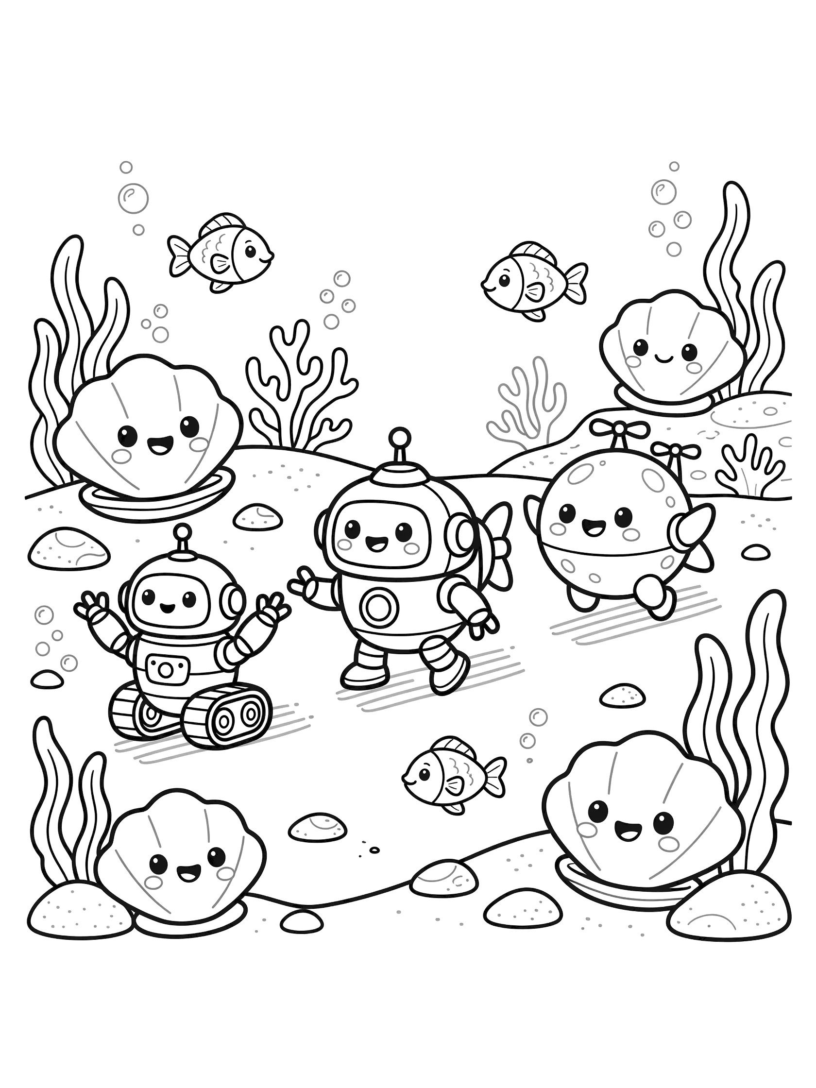 Printable coloring page showing a friendly robot parade underwater with cute cartoon robots, smiling fish, clams and seaweed in black outlines on white background