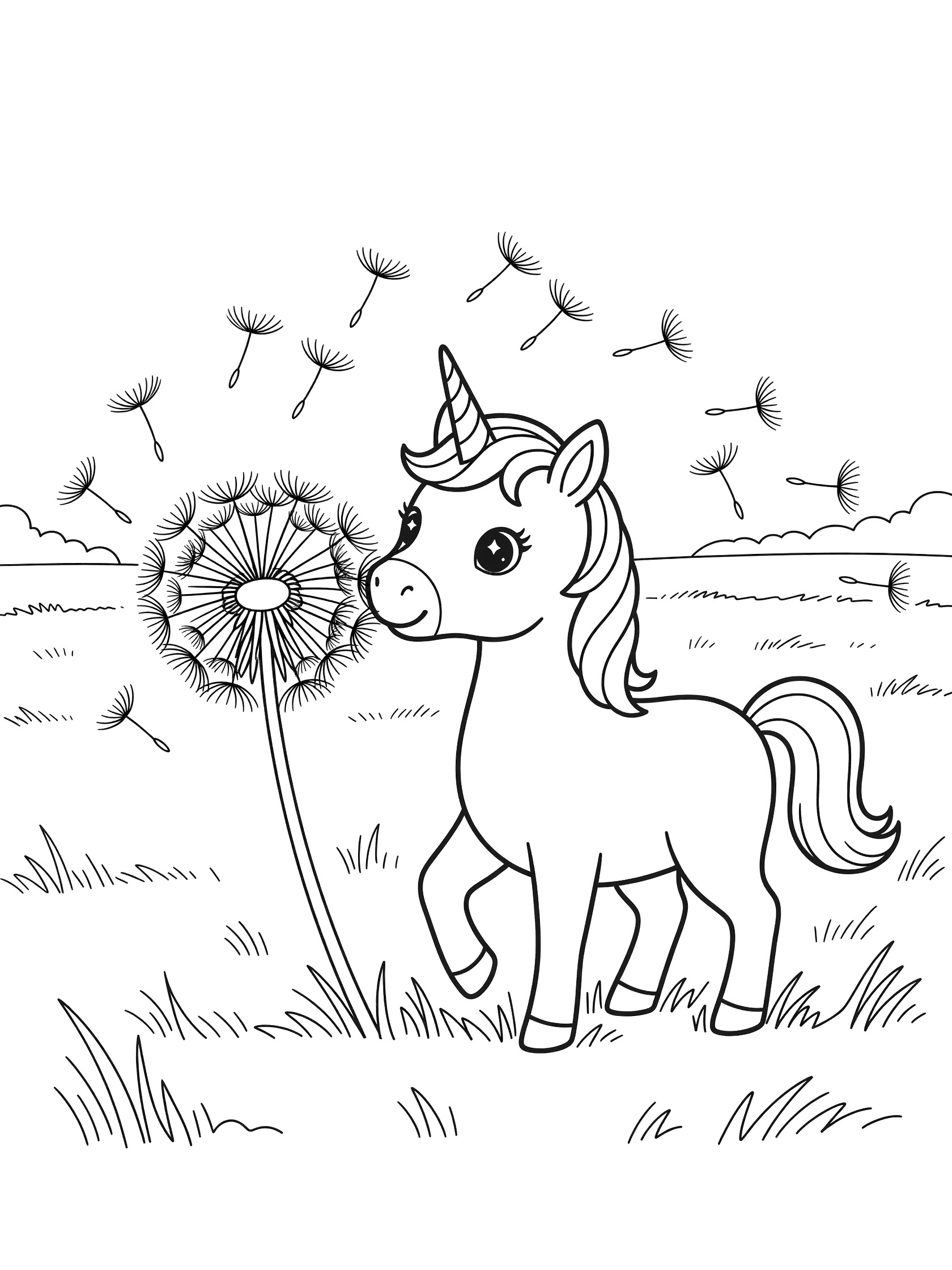 Black and white line art coloring page showing a cute unicorn with a horn blowing on a big dandelion puff with seeds flying in the wind over grass.