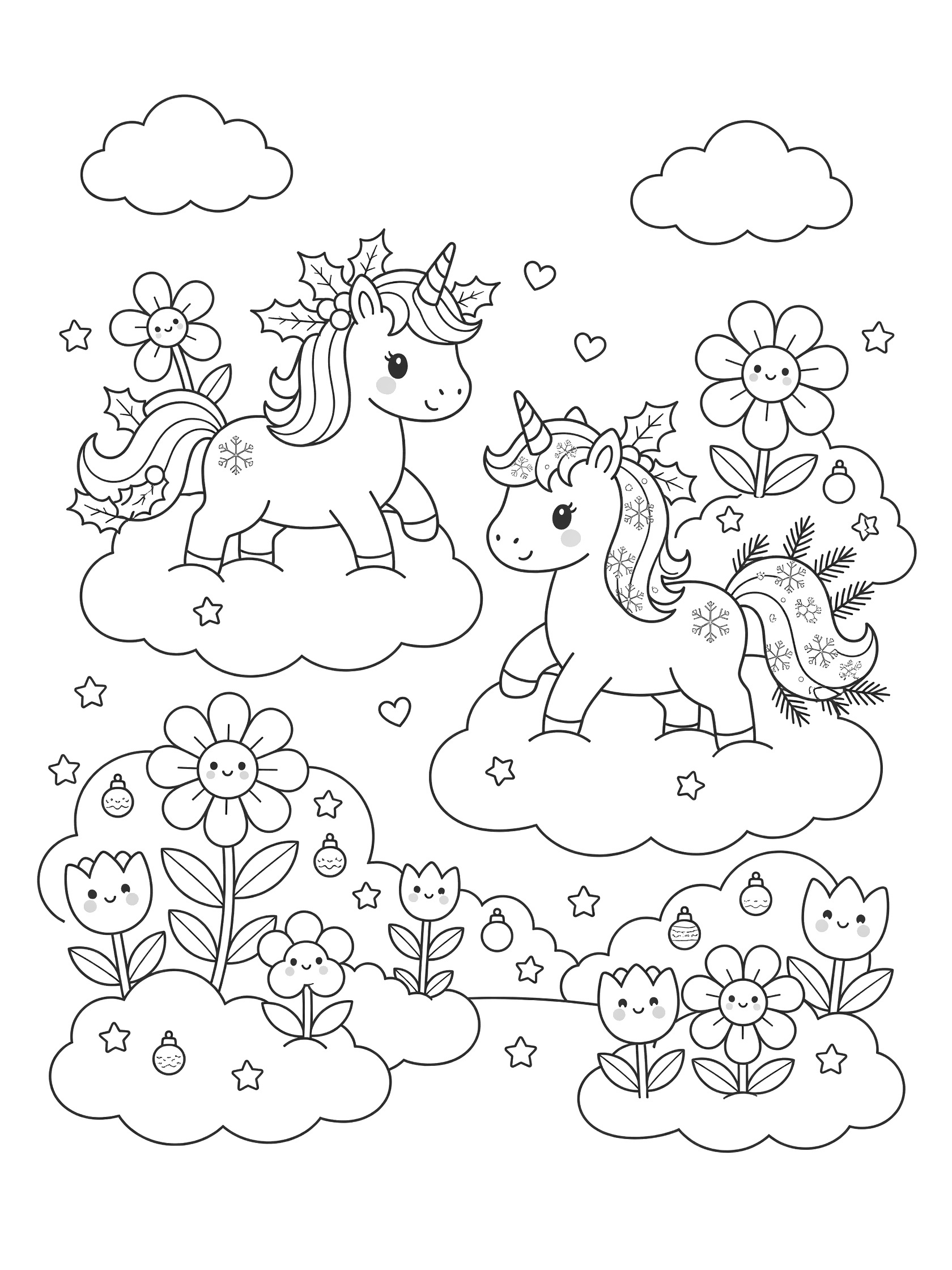 Black and white coloring page of two cute kawaii unicorns in a unicorn cloud garden with clouds, flowers, stars, hearts, and holiday holly branches.