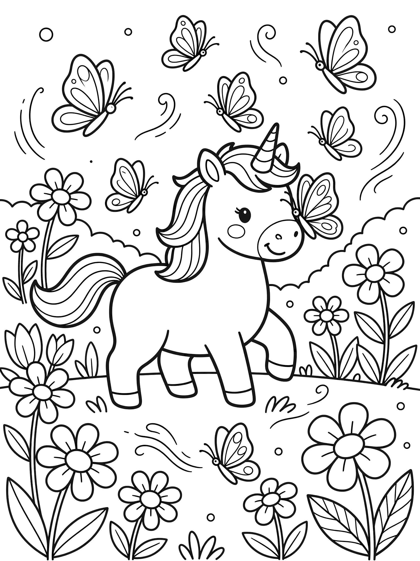 Black and white line art coloring page showing a small unicorn with a horn, surrounded by flying butterflies and garden flowers. Unicorns themed black and white printable line art