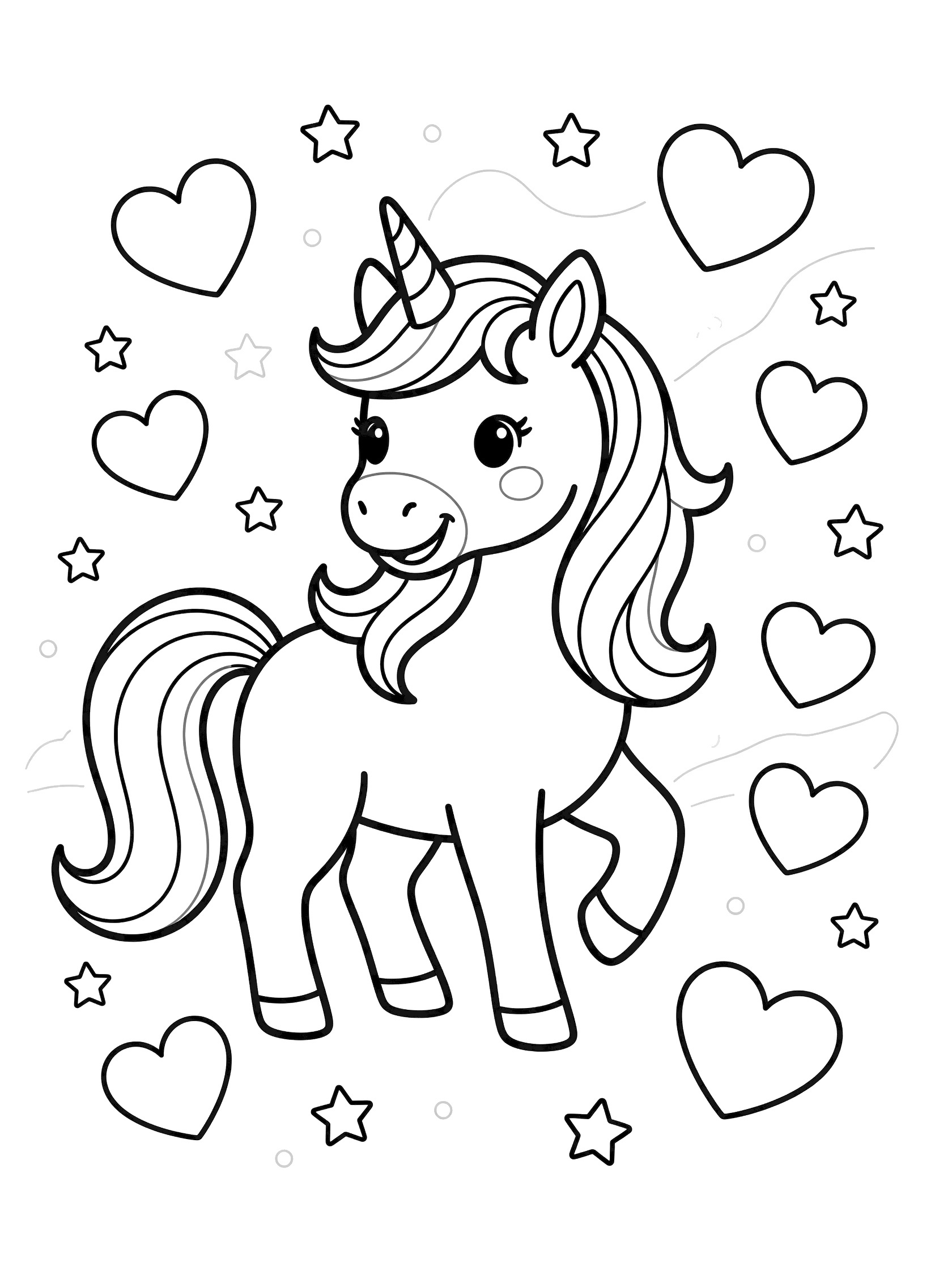 Black and white line art coloring page showing a cute unicorn with a horn, big eyes, flowing mane and tail, surrounded by floating hearts and stars. Unicorns themed black and white printable line art