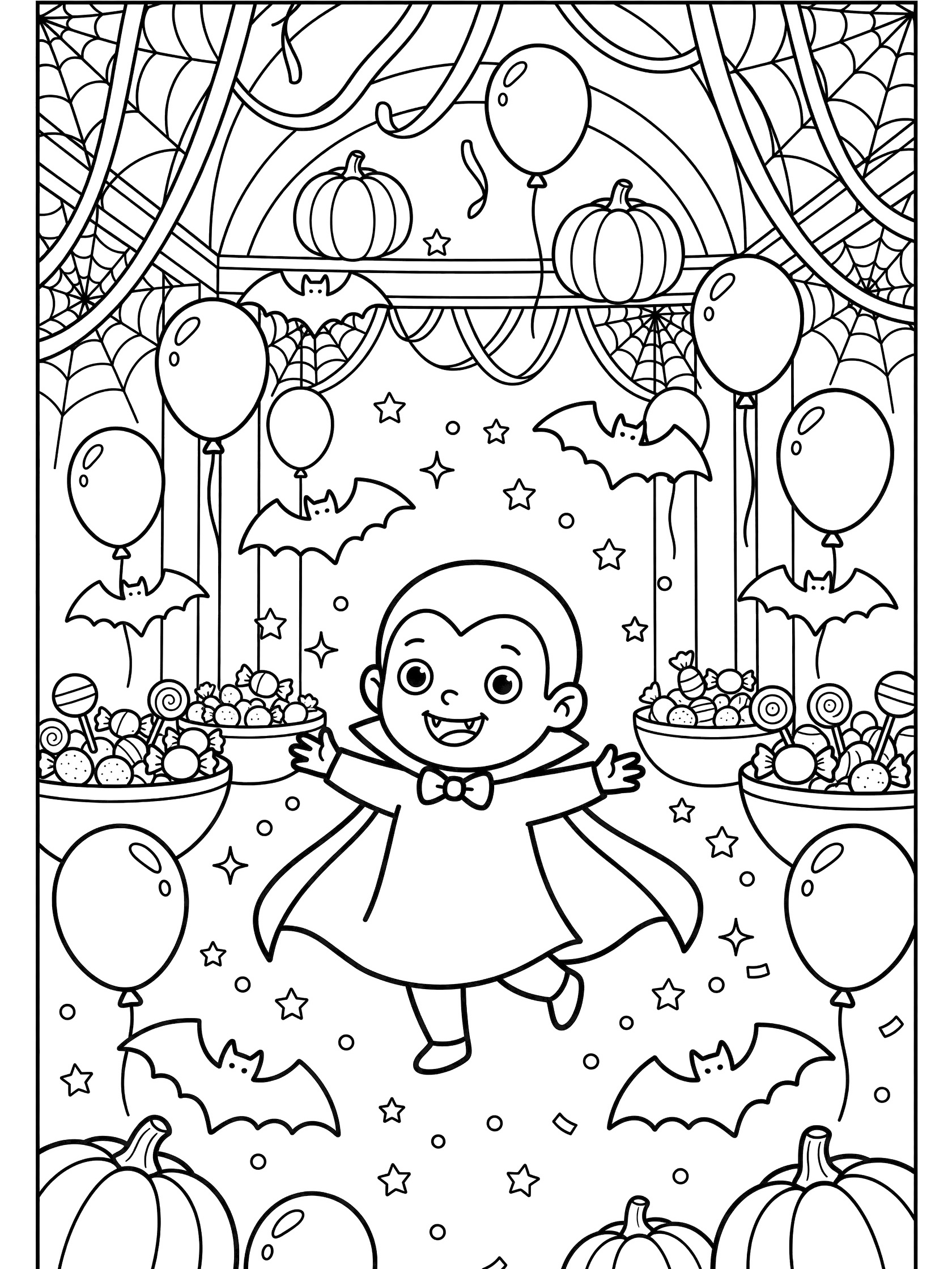 Adorable vampire twirling with cape at a Halloween party coloring page, surrounded by bat and pumpkin balloons, confetti, cobwebs, and candy.
