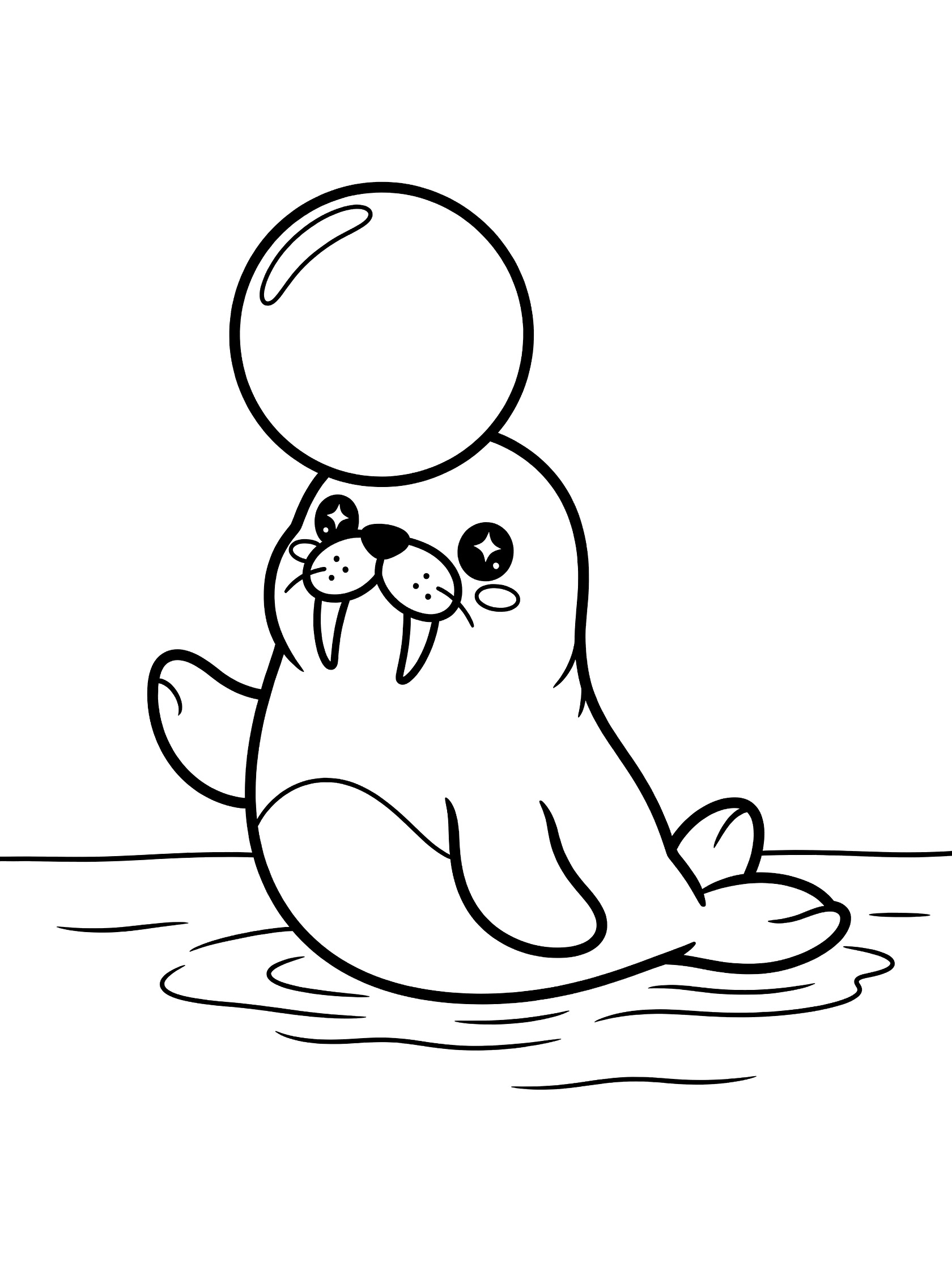 Black and white printable coloring page showing a kawaii walrus with sparkly eyes balancing a large round ball on its nose while sitting in water