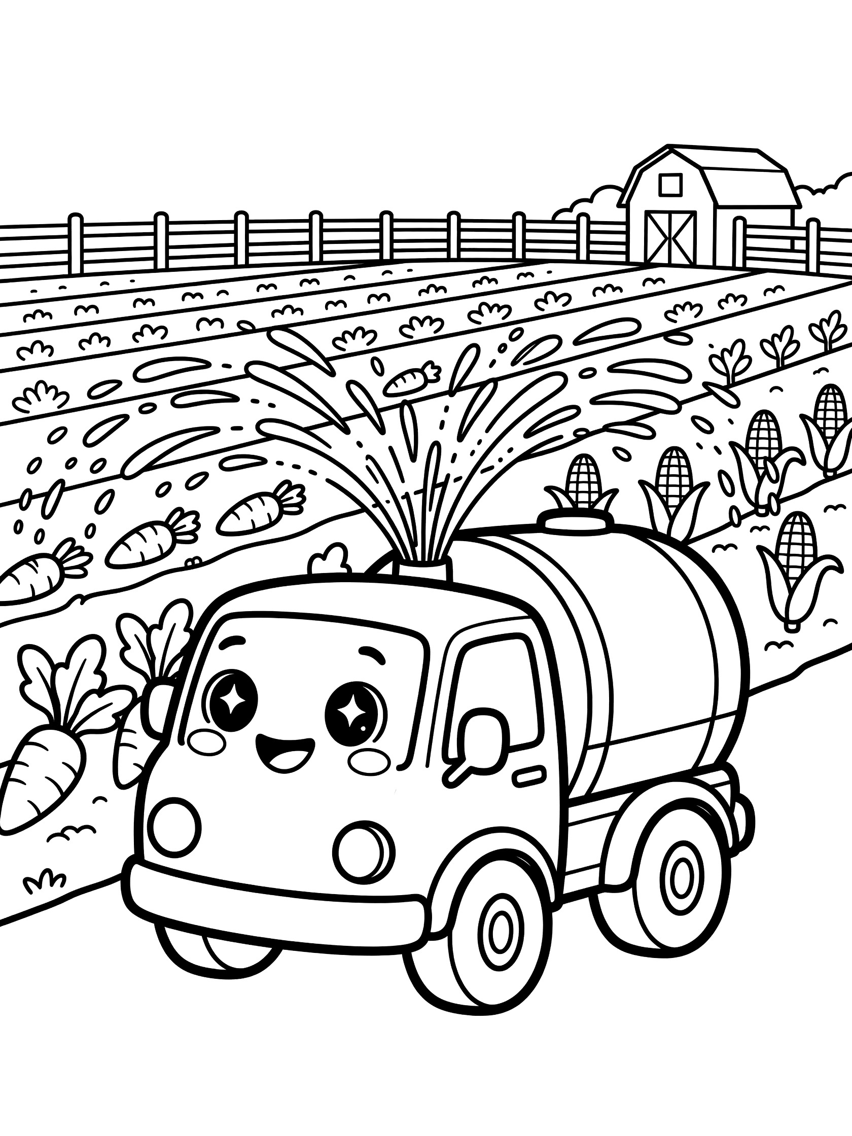 Kawaii water truck with big eyes and smile spraying water from tank onto farm rows of carrots and corn, with wooden fence and barn, bold line art coloring page