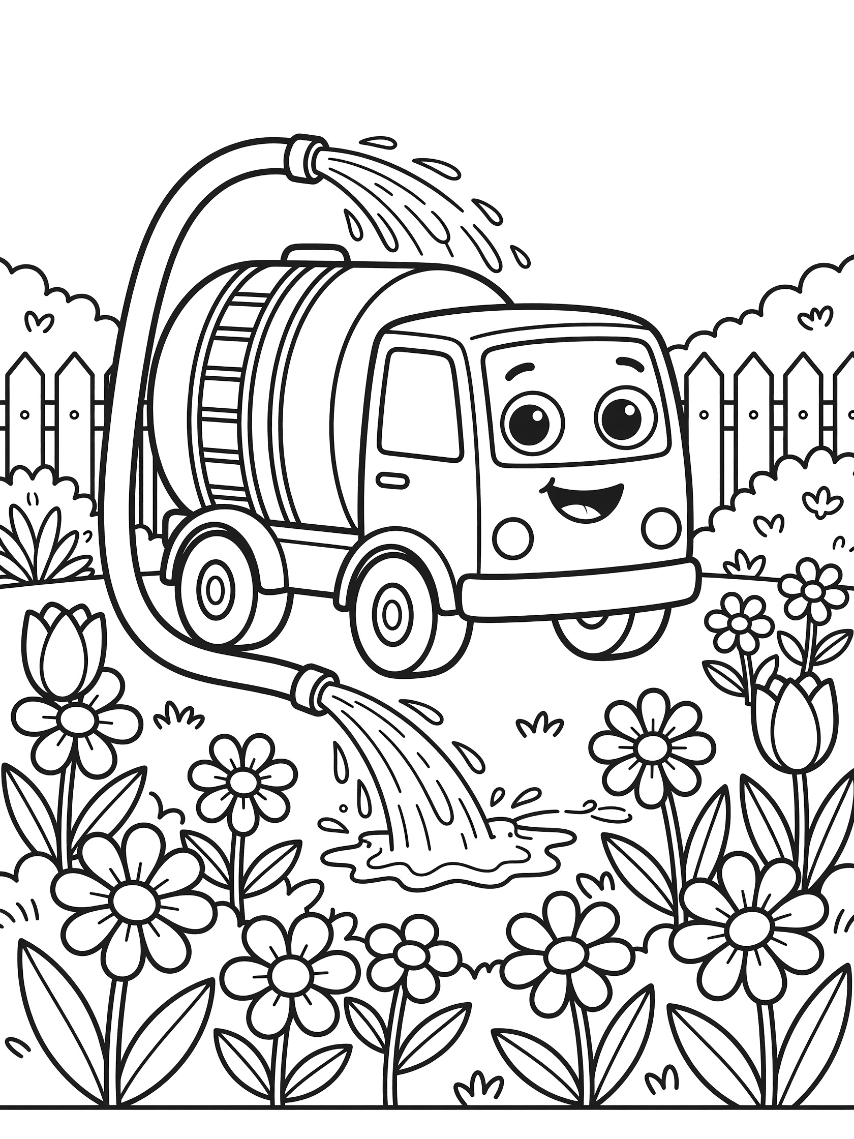 Printable coloring page showing a cute cartoon water truck parked in a garden, spraying water from its hose onto daisies, tulips, bushes, and a picket fence.