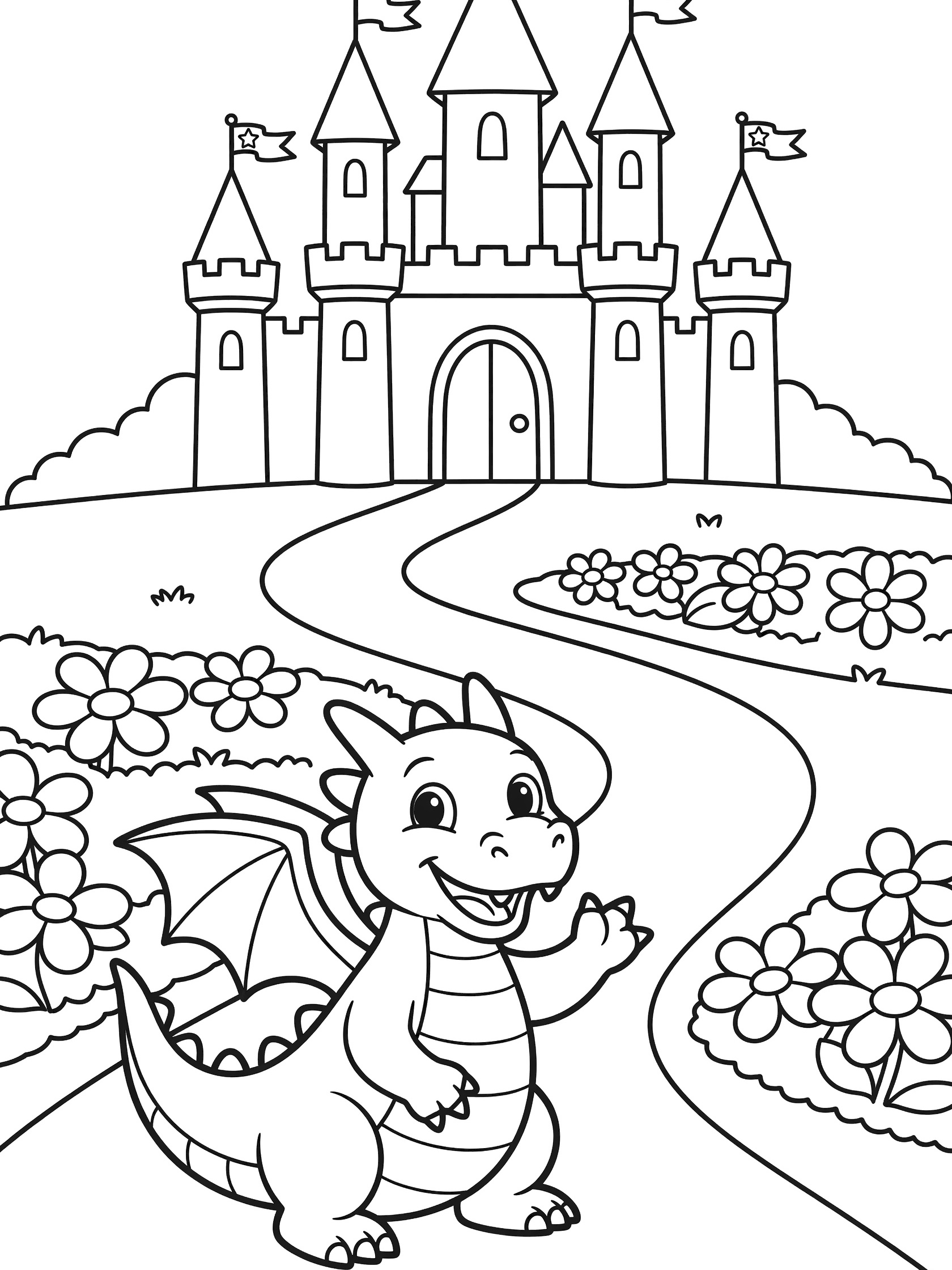 Black and white line art coloring page showing a cute smiling dragon with wings and spikes waving one claw toward a large castle with multiple towers, flags on top, big front door, flower beds on sides and winding path leading to the door. Dragon Castle themed black and white printable line art