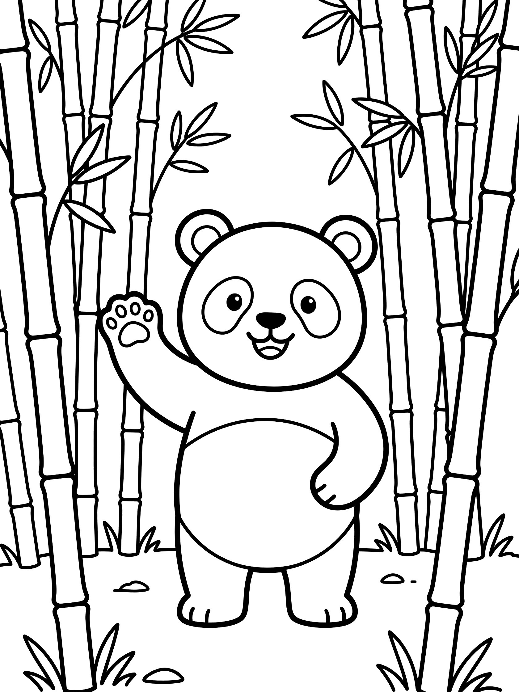 Black and white line art coloring page showing a cute panda bear waving one paw, standing in tall bamboo stalks with leaves and ground grass.