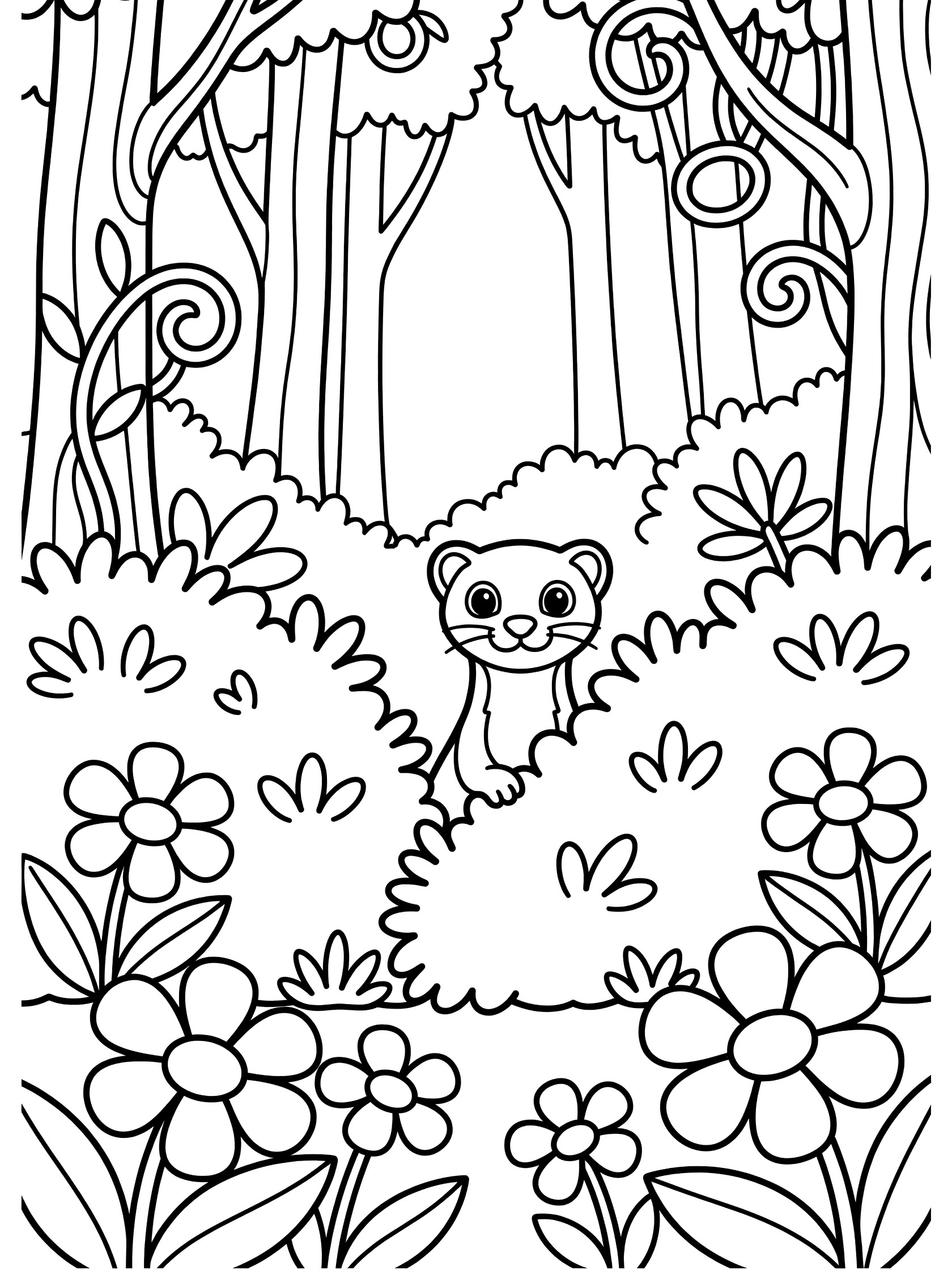 Black and white line art coloring page showing a weasel peeking out from bushes and flowers in a shady forest with trees and vines.