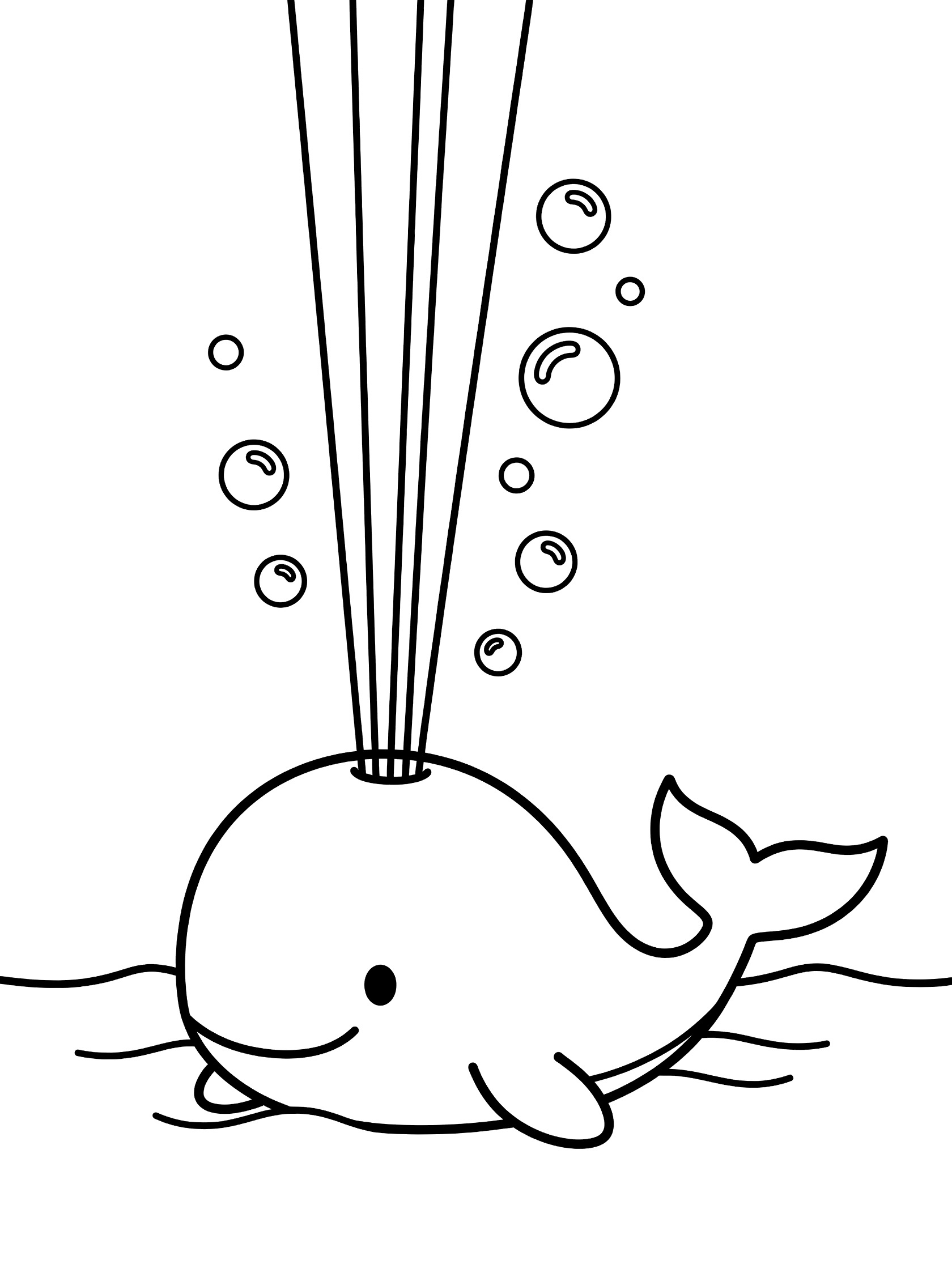 Black and white line art coloring page showing a cute smiling whale on water surface spouting a tall water stream from blowhole with bubbles around.