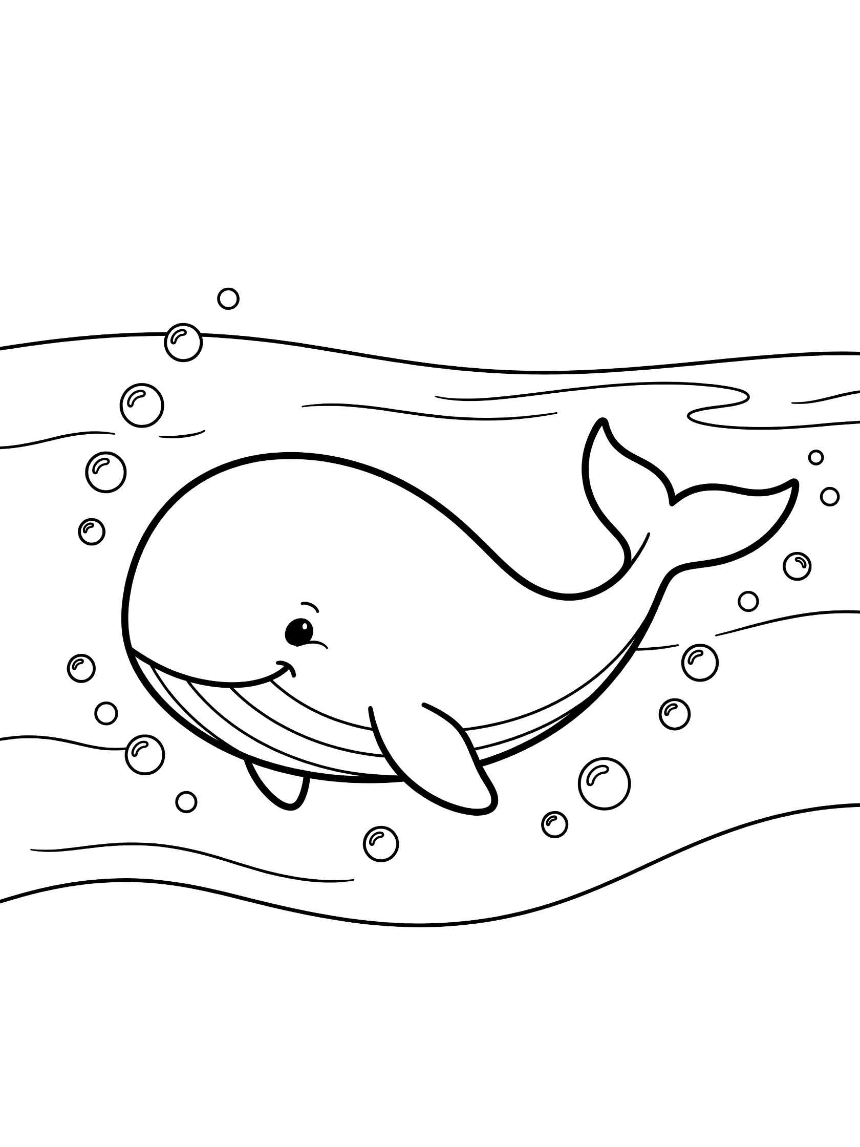 Black and white line art coloring page showing a cute smiling whale swimming in the ocean with bubbles and wavy water lines.