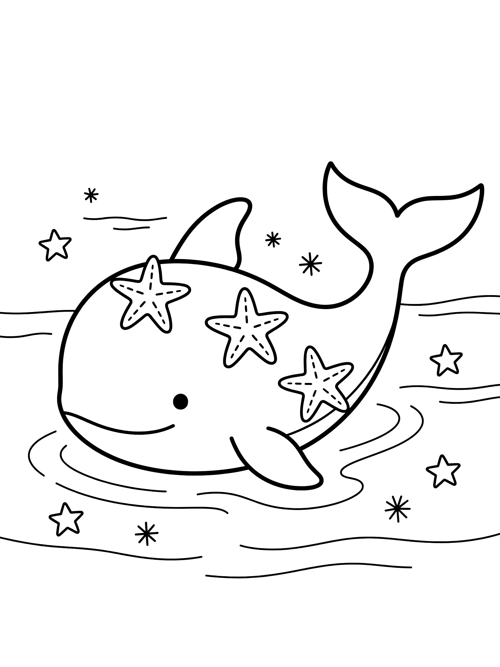 Black and white line art coloring page showing a happy whale with starfish clinging to its back, stars floating nearby, and wavy water lines.