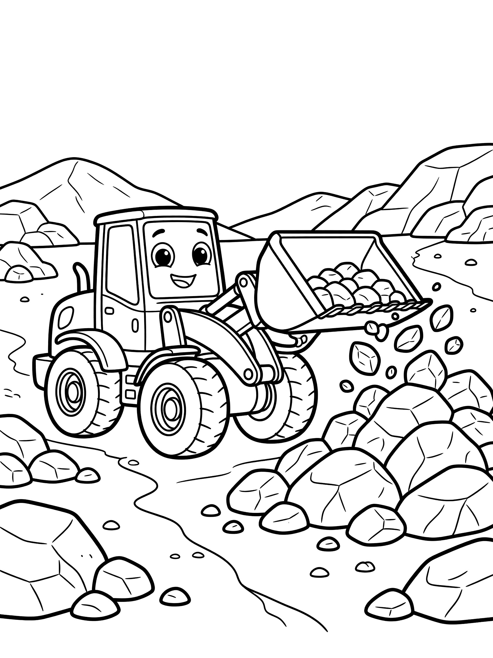 Cartoon wheel loader with big eyes and smile scooping pile of rocks into bucket, with rock piles, dirt path and hills on white background