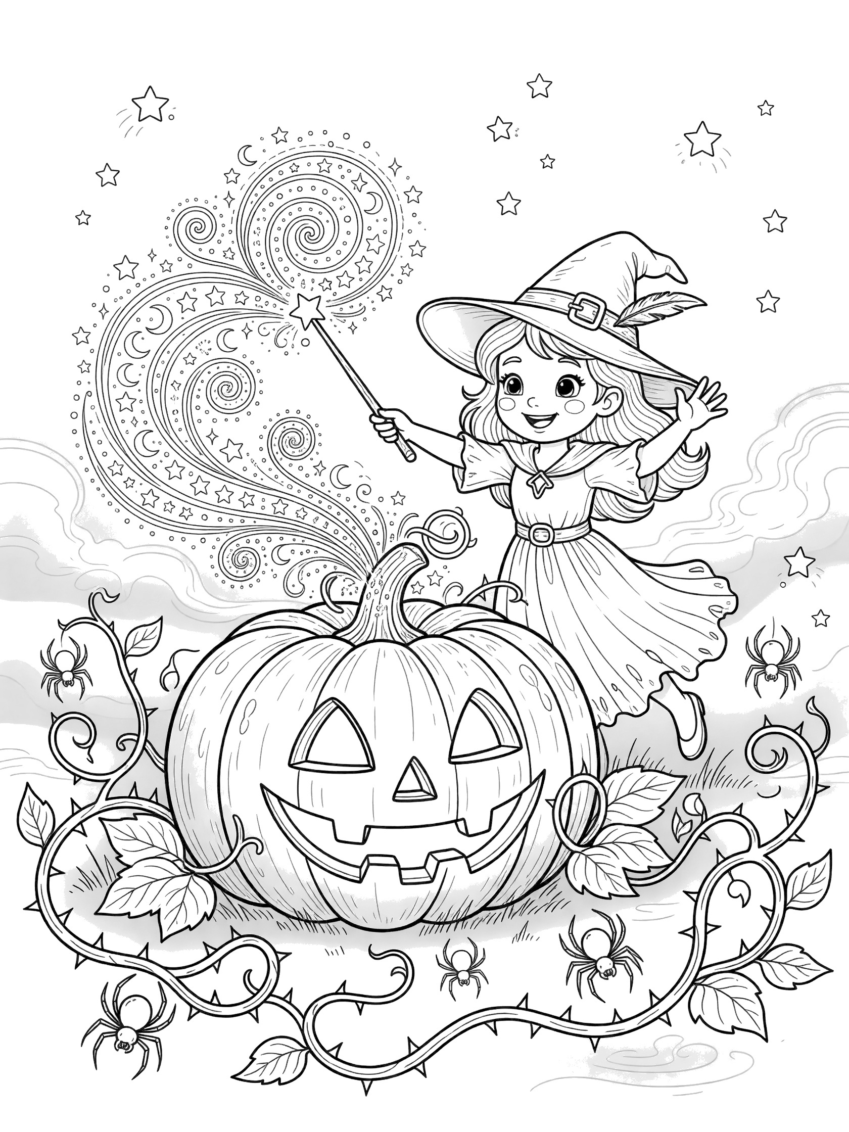 Black and white line art of a happy witch casting a swirling spell from her wand on a massive smiling pumpkin in a spooky garden with spiders and vines.