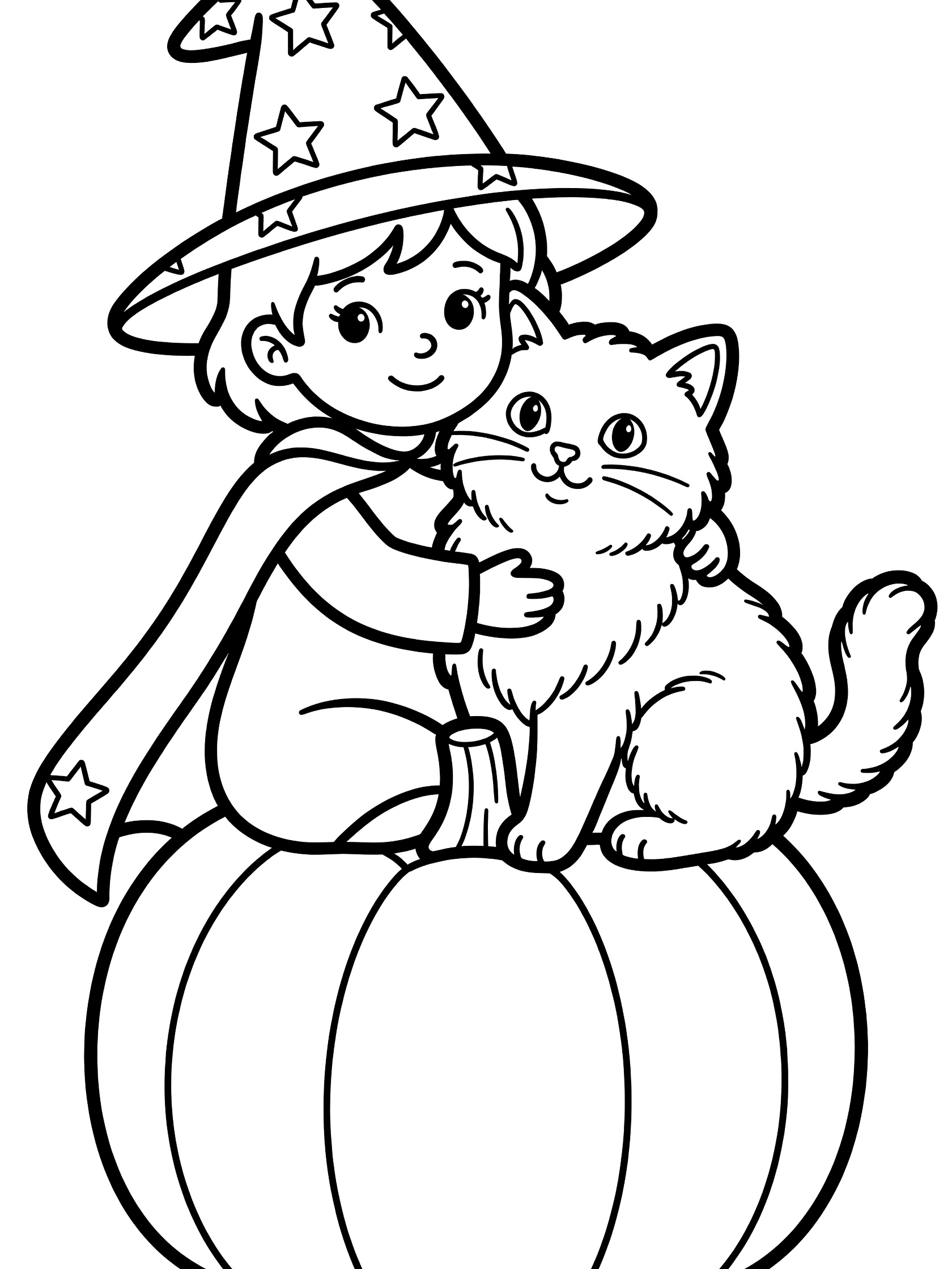 Black and white line art coloring page showing a young witch girl in a starry hat hugging a fluffy cat while sitting on a pumpkin. Young Witches themed black and white printable line art
