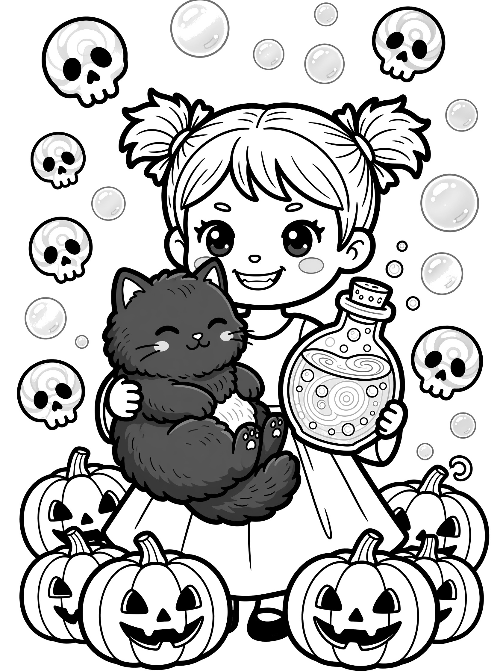 Black and white line art coloring page showing a cute witch girl with pigtails cuddling a fluffy black cat while holding a bubbly potion bottle. Floating bubbles, skull shapes and pumpkins around her. Evil Witches themed black and white printable line art