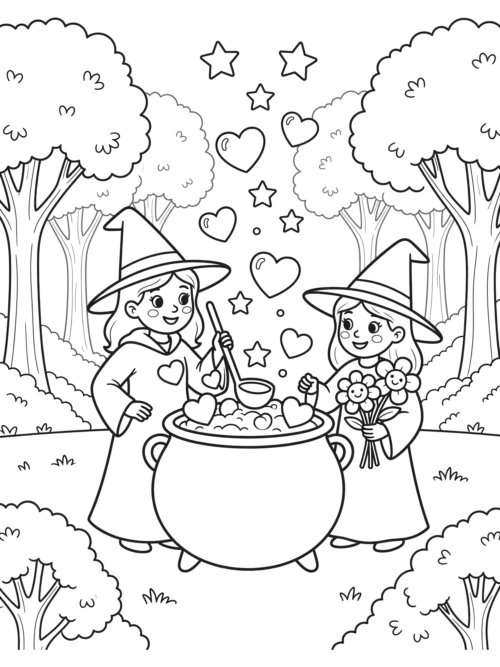 Printable coloring page showing two cute witches in pointy hats, one stirring a large cauldron bubbling with hearts and stars, the other adding smiling flowers, surrounded by simple trees in the woods.