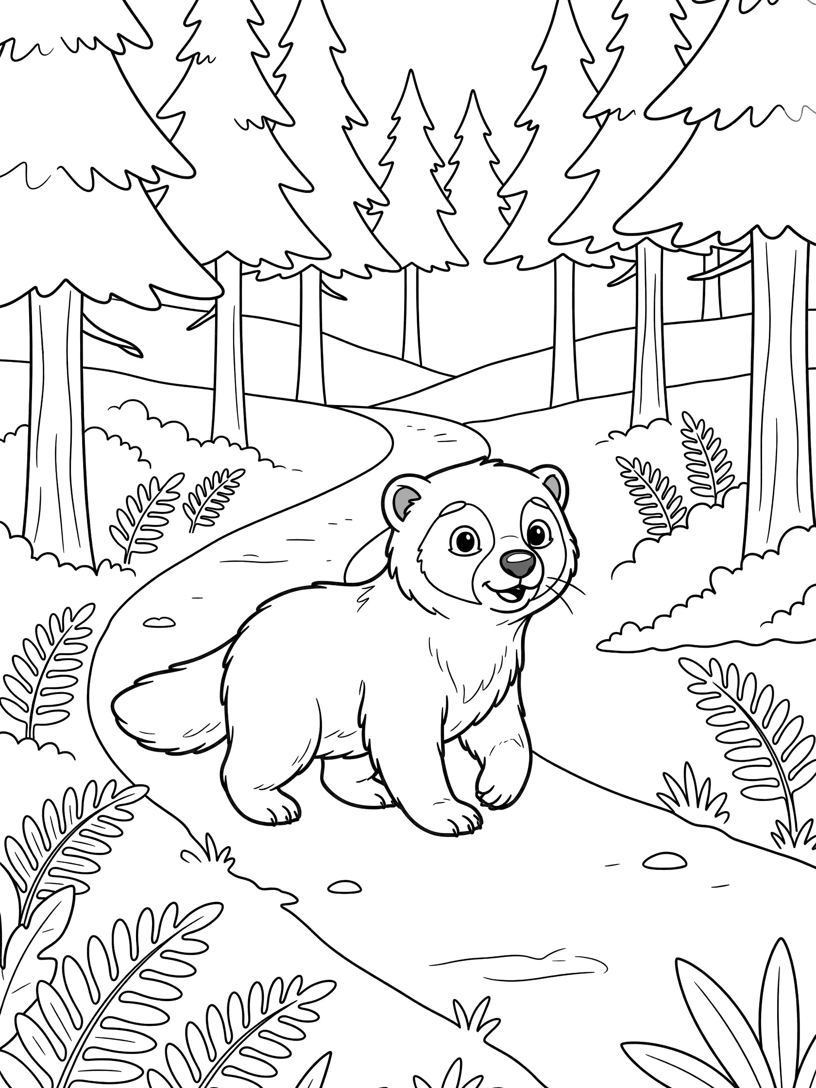 Black and white line art of a cute fluffy wolverine walking on a winding forest path lined with pine trees and ferns, coloring book style.