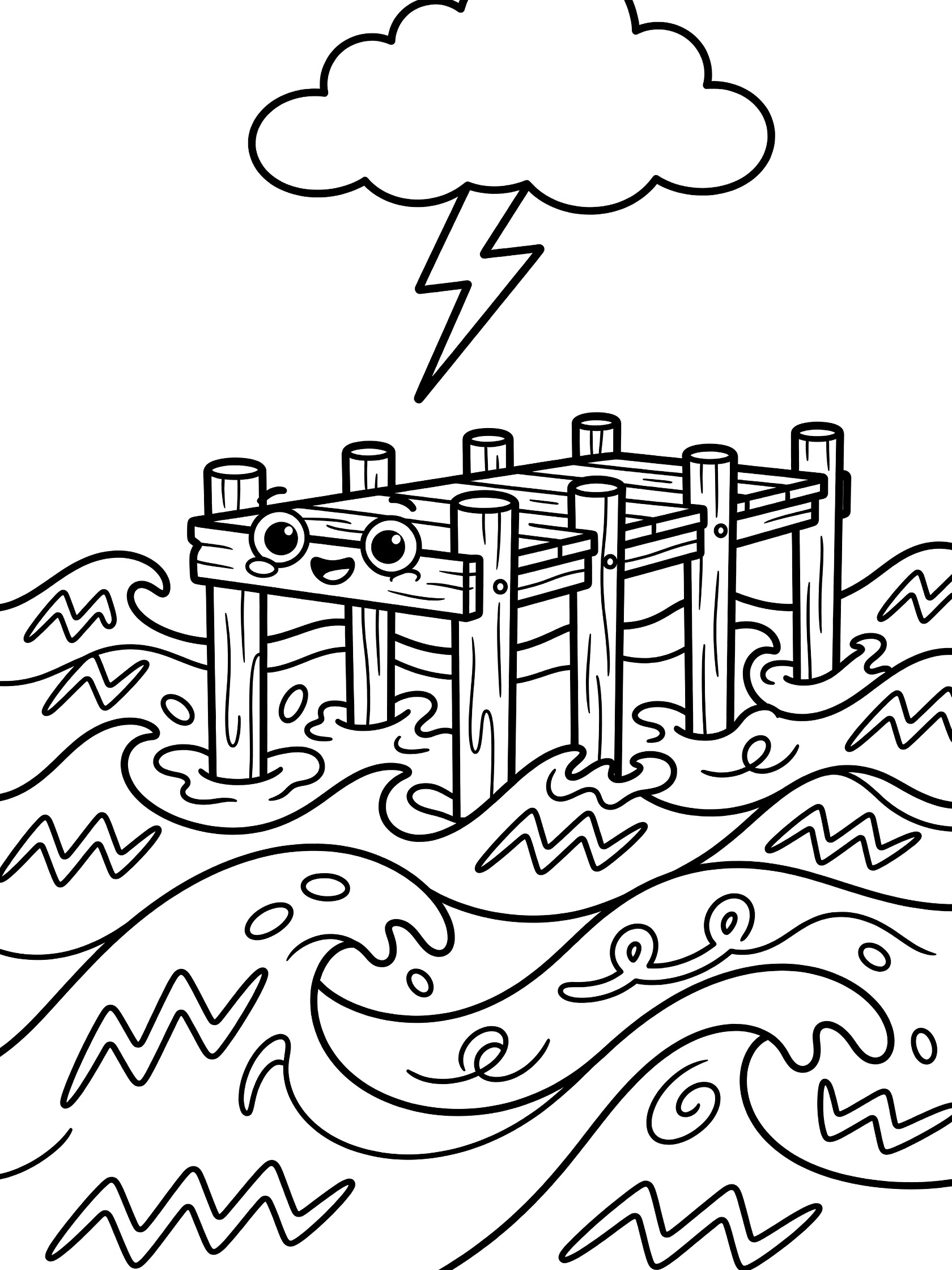 Black and white line art coloring page showing a cartoon wooden pier with eyes on wavy ocean water with a cloud and lightning bolt above. Jetties themed black and white printable line art