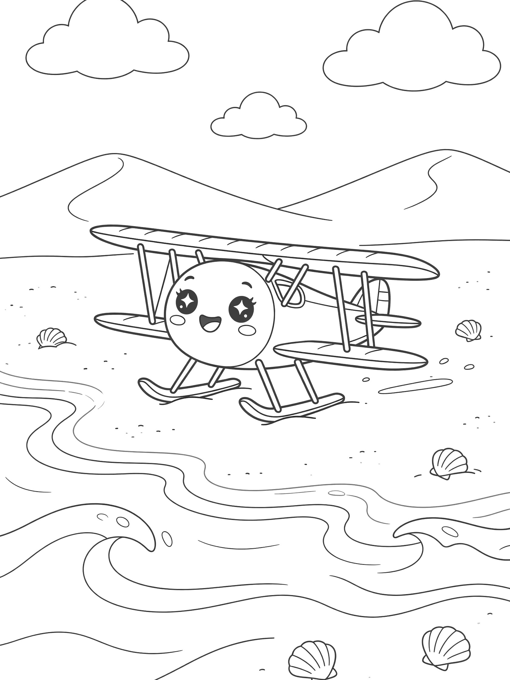 Kawaii black and white line art of a cute Wright Brothers biplane with big eyes and smile landing on beach skids near waves, shells and clouds