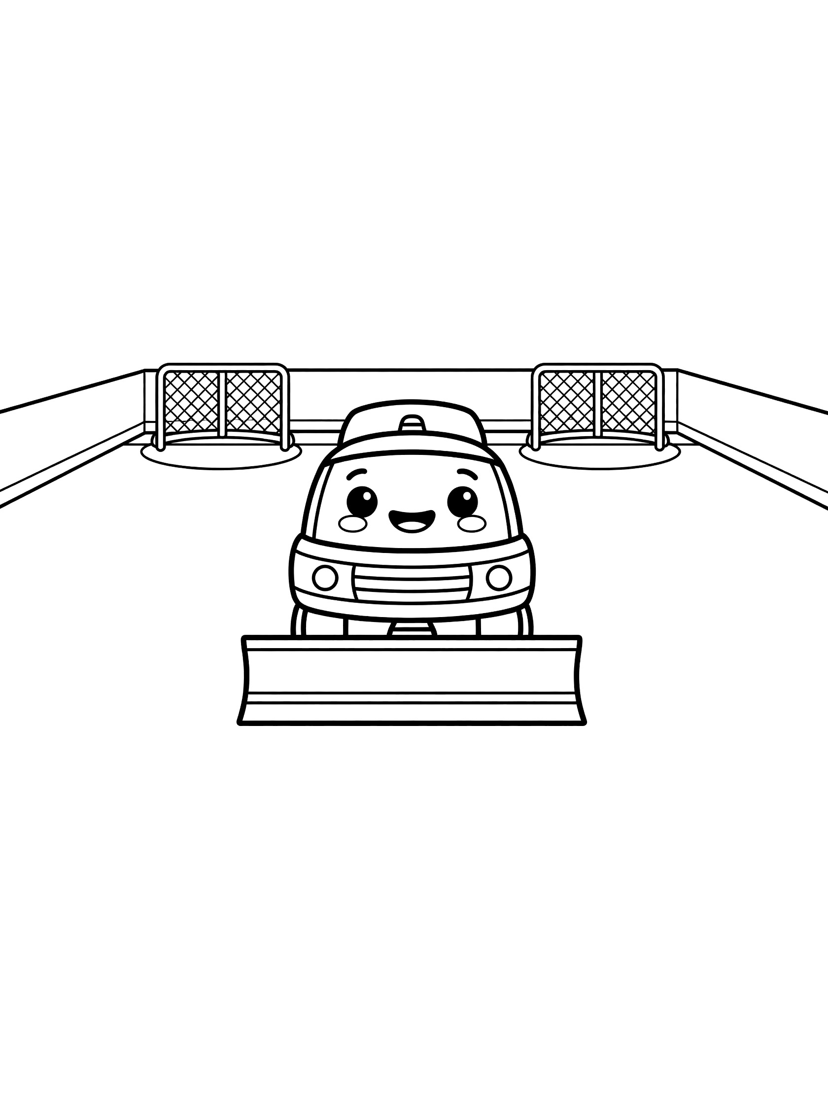 Black and white coloring page of a cute Zamboni machine smoothing fresh ice on a hockey rink with goal nets and boards