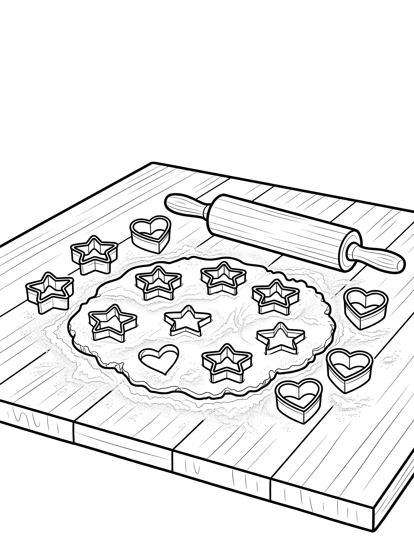 Line art coloring page showing cookie dough on wooden table with star-shaped and heart-shaped cutters cutting fun forms, rolling pin resting beside flour dust.