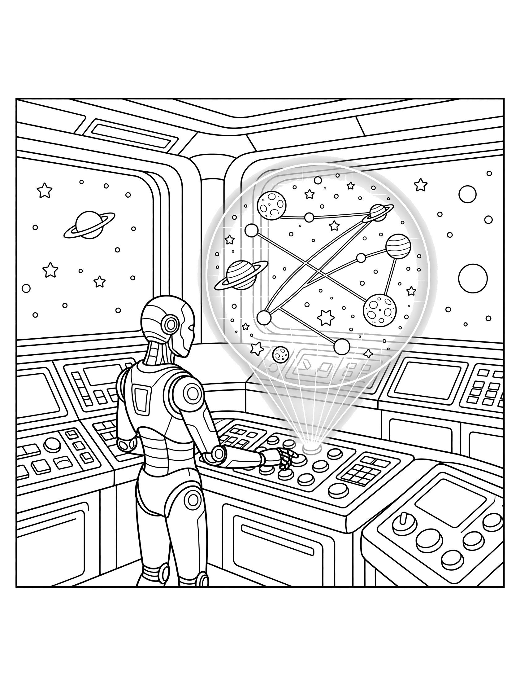 Black and white line art coloring page showing a cyborg at a control console activating a glowing hologram of planets and star routes, with space station viewports to stars.