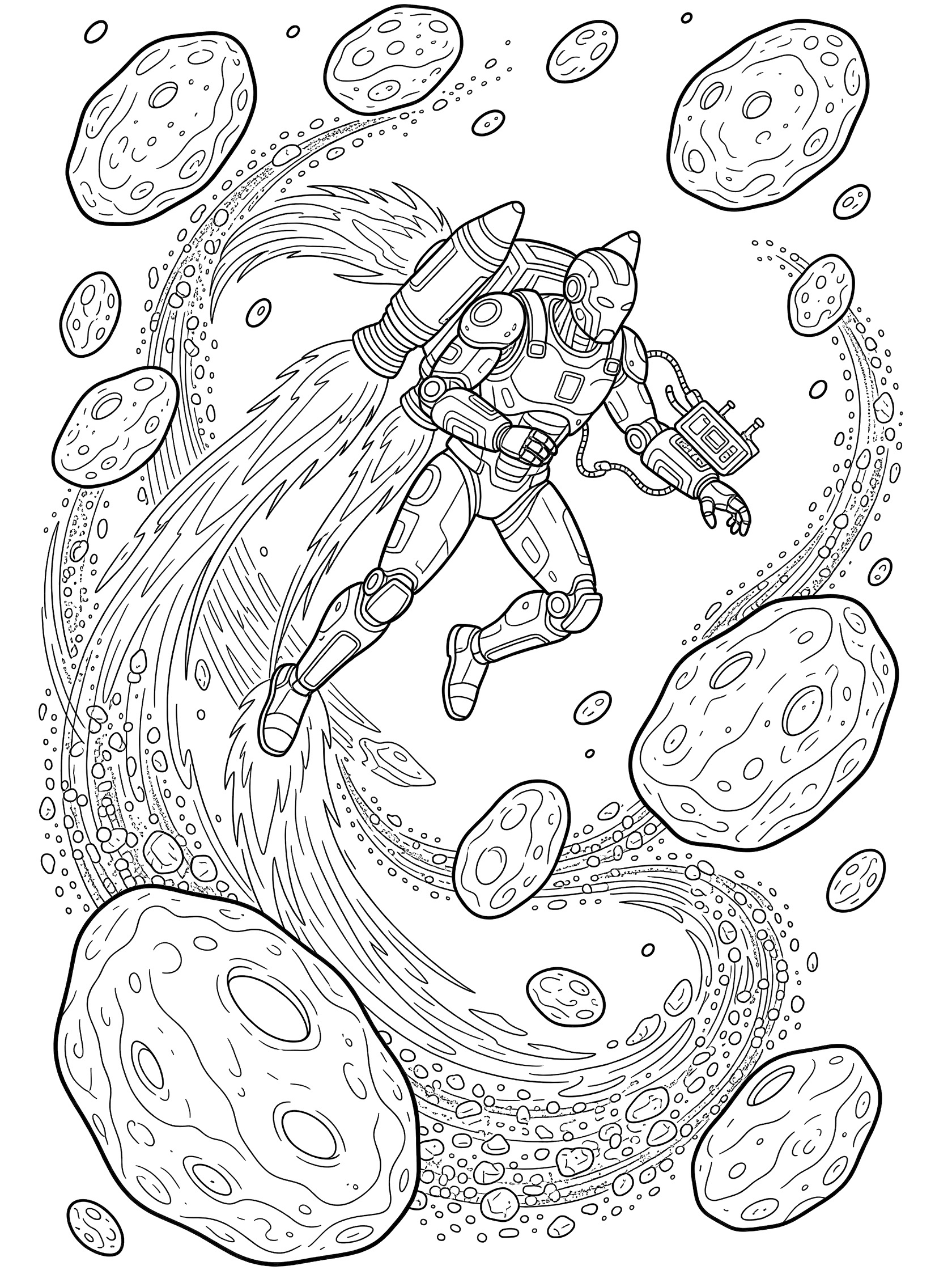 Line art coloring page showing a cyborg in armor flying with jetpack flames, dodging asteroids in space while holding a control panel