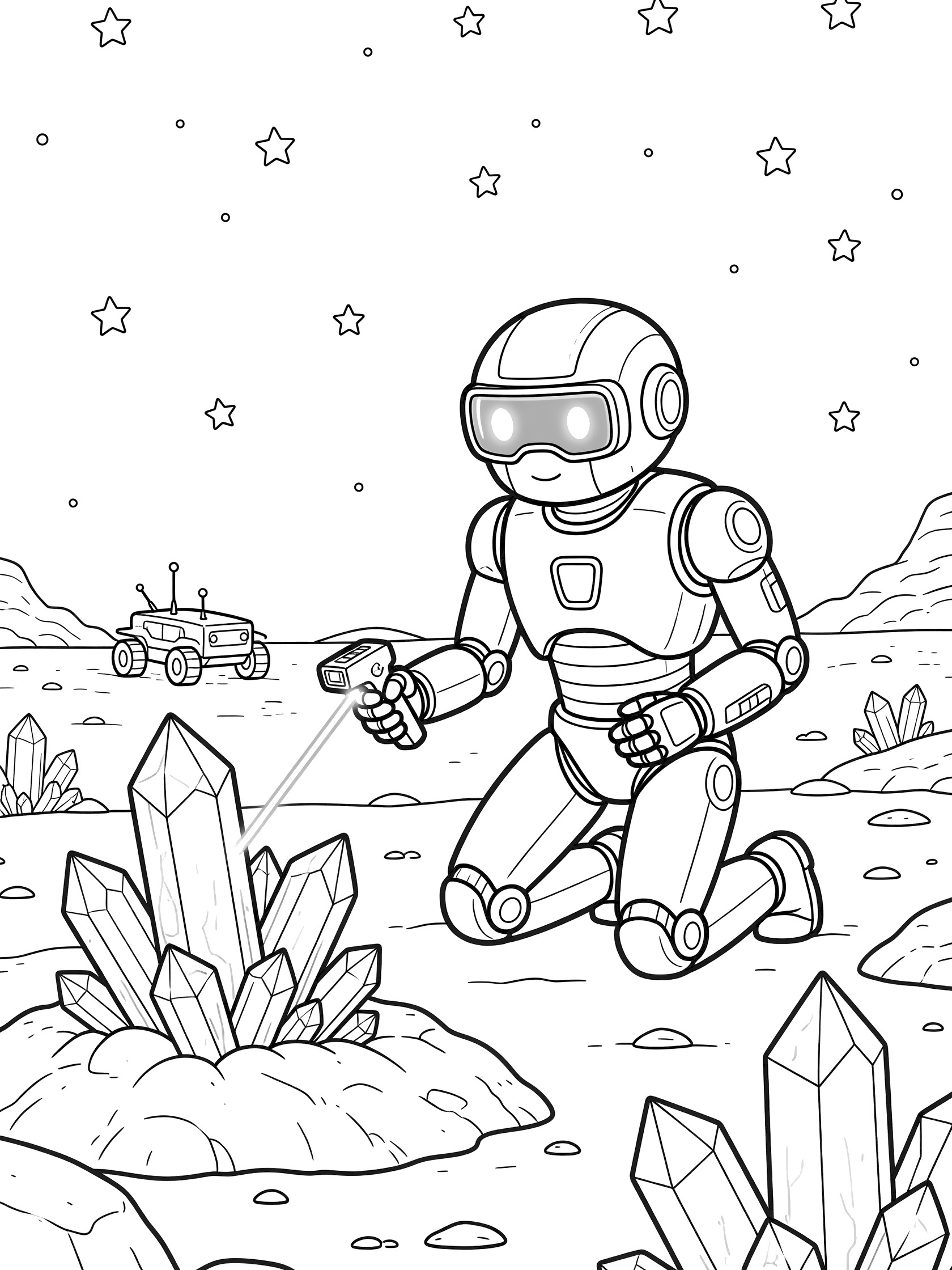 Black and white line art of a cyborg with robotic arms and glowing eye visor kneeling on alien planet surface, scanning crystals with handheld laser, rover and stars in background