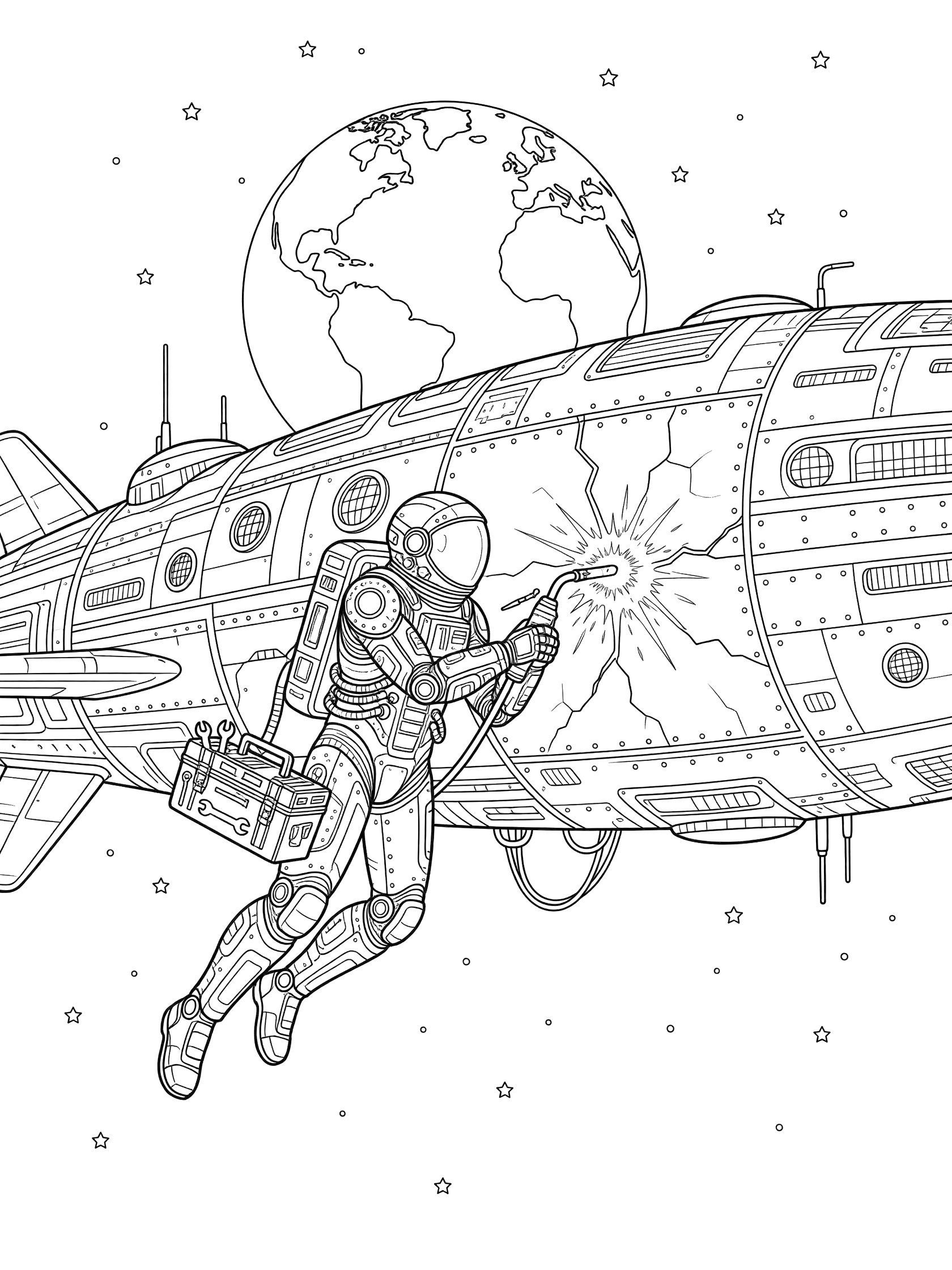 Black and white line art coloring page showing a cyborg astronaut in zero gravity welding a damaged spaceship panel with a torch, holding a toolkit, with Earth and stars visible.