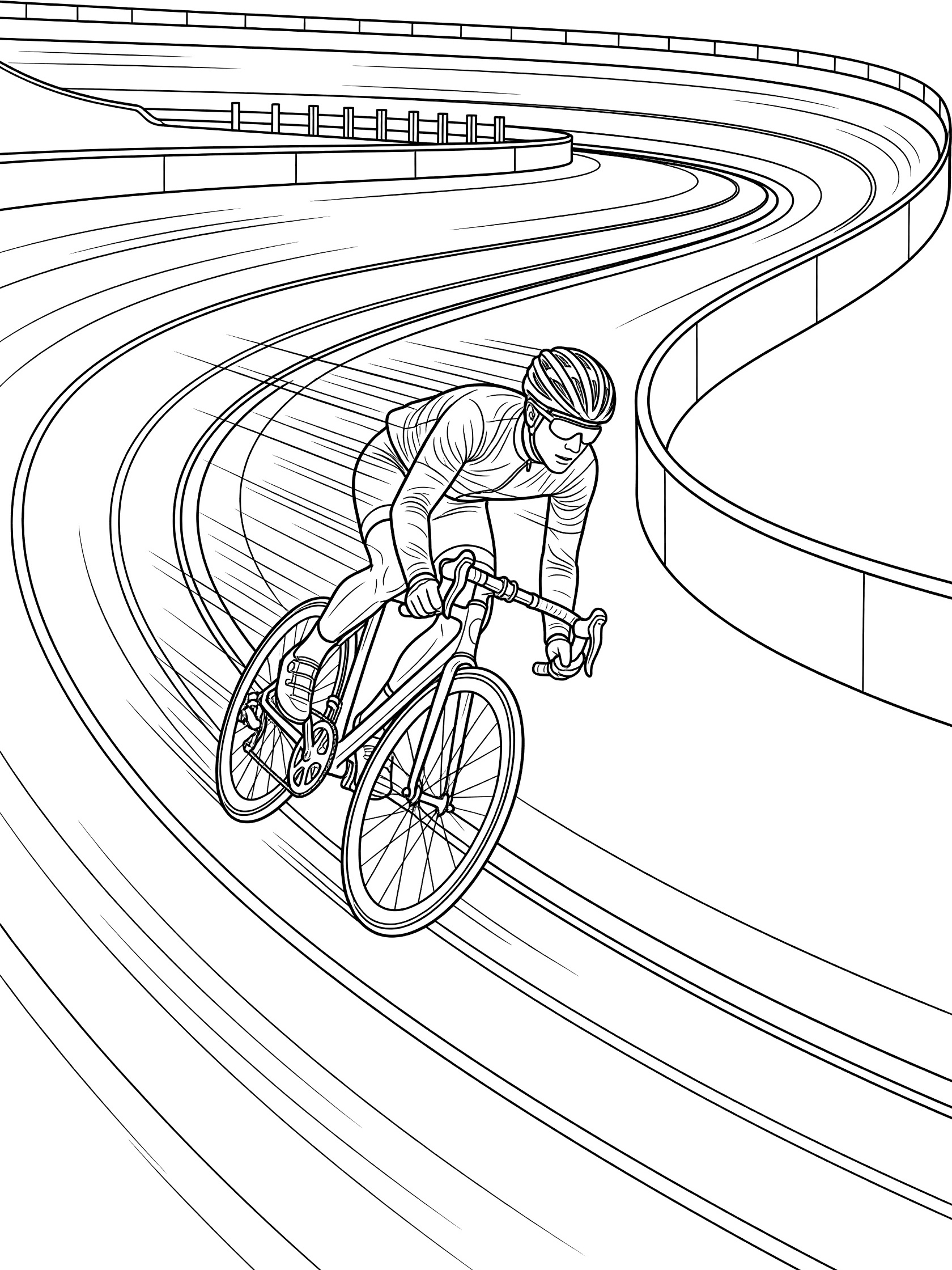 Black and white line art of a cyclist in helmet and jersey banking hard into a turn on a curved velodrome track with motion lines and bike details