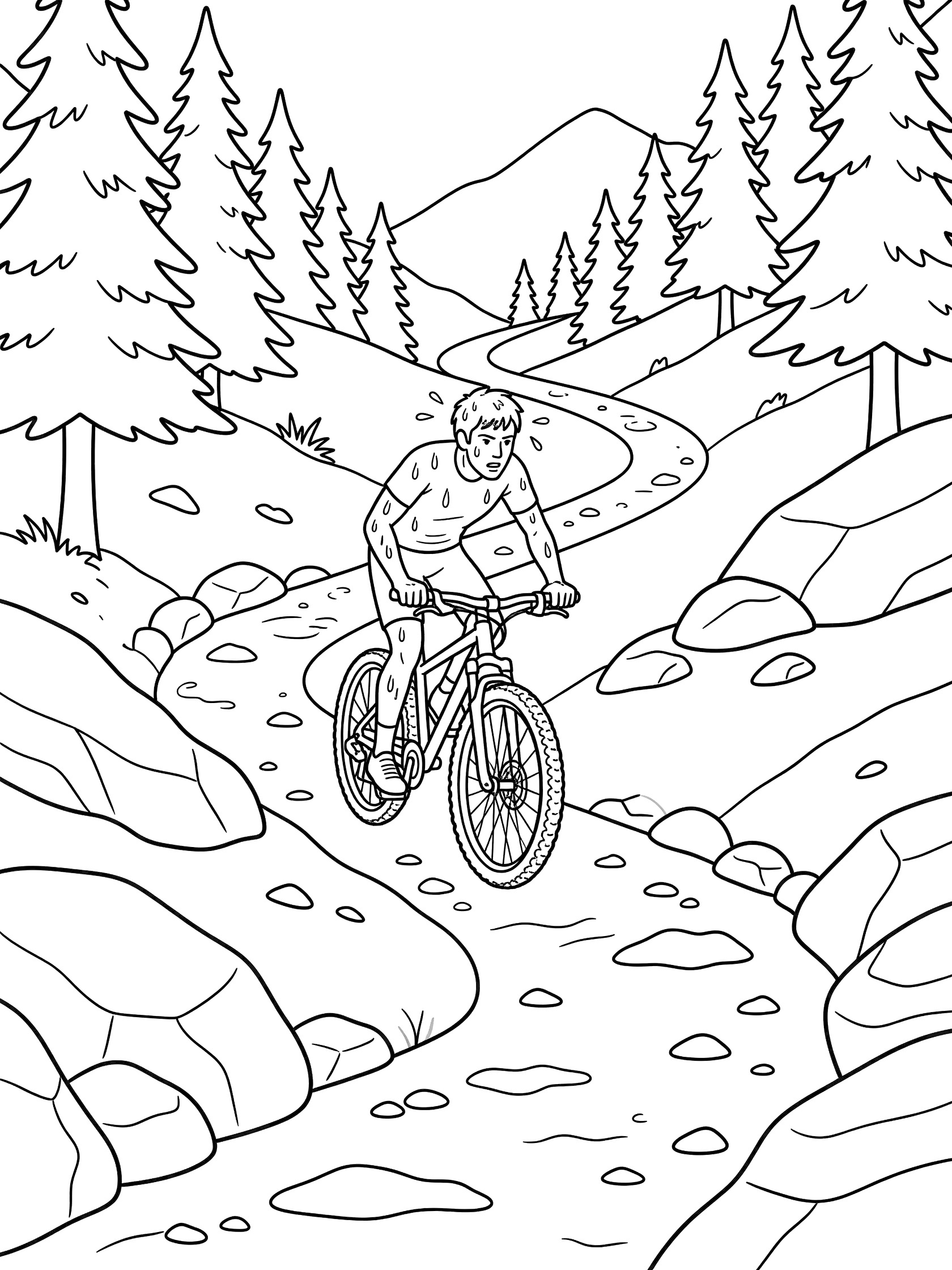 Black and white line art of a determined cyclist pedaling a mountain bike up a rocky trail lined with pine trees and boulders