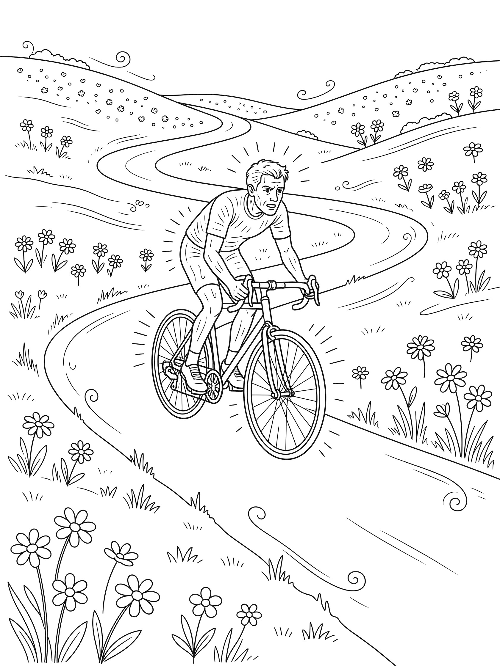 Black-and-white coloring page showing a cyclist riding a bicycle uphill on a curvy road surrounded by hills, grass, and flowers with effort lines on legs and bike.