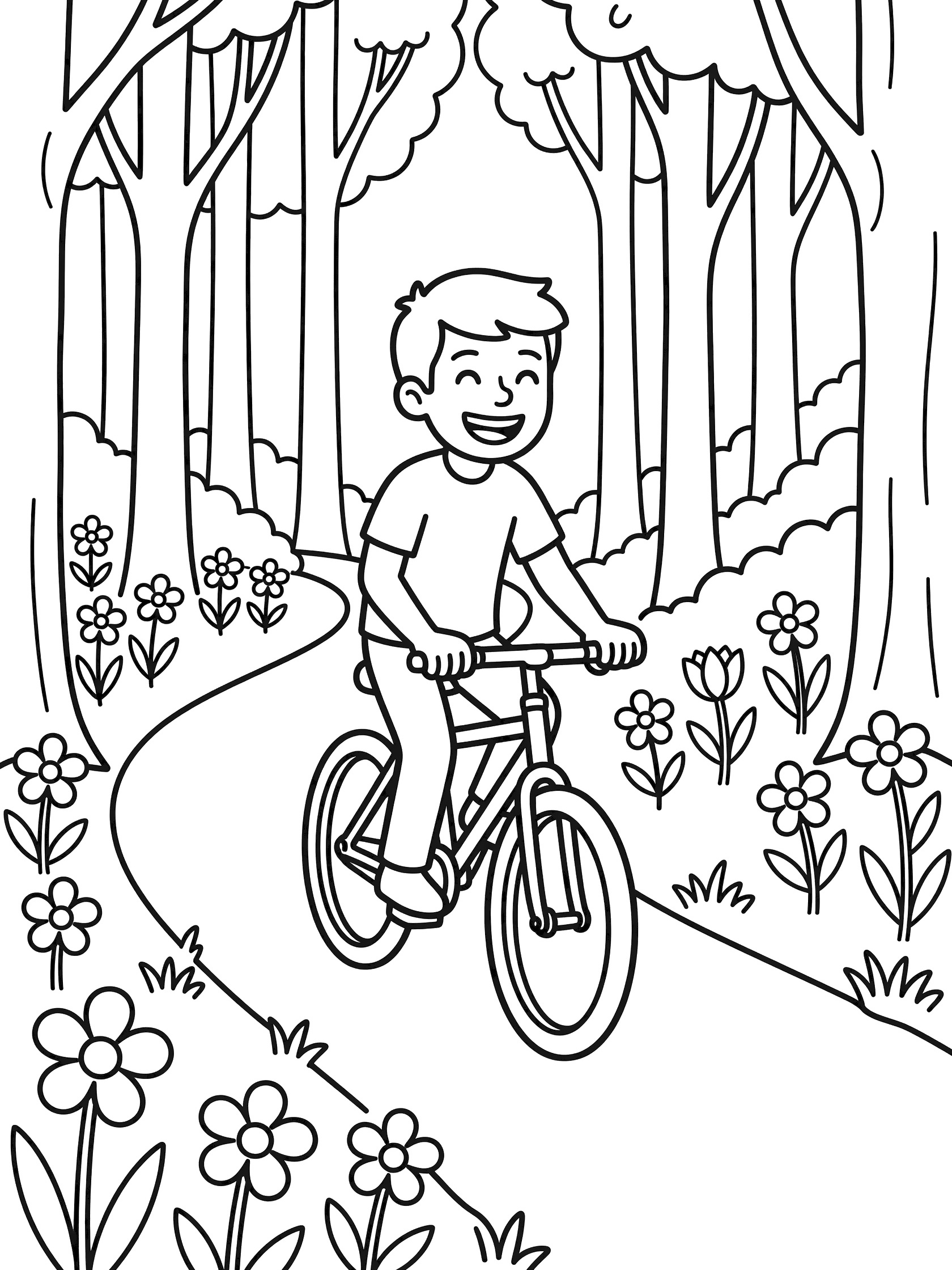 Black and white coloring page showing a smiling cyclist riding a bike on a curvy path through a forest with trees and flowers on both sides.