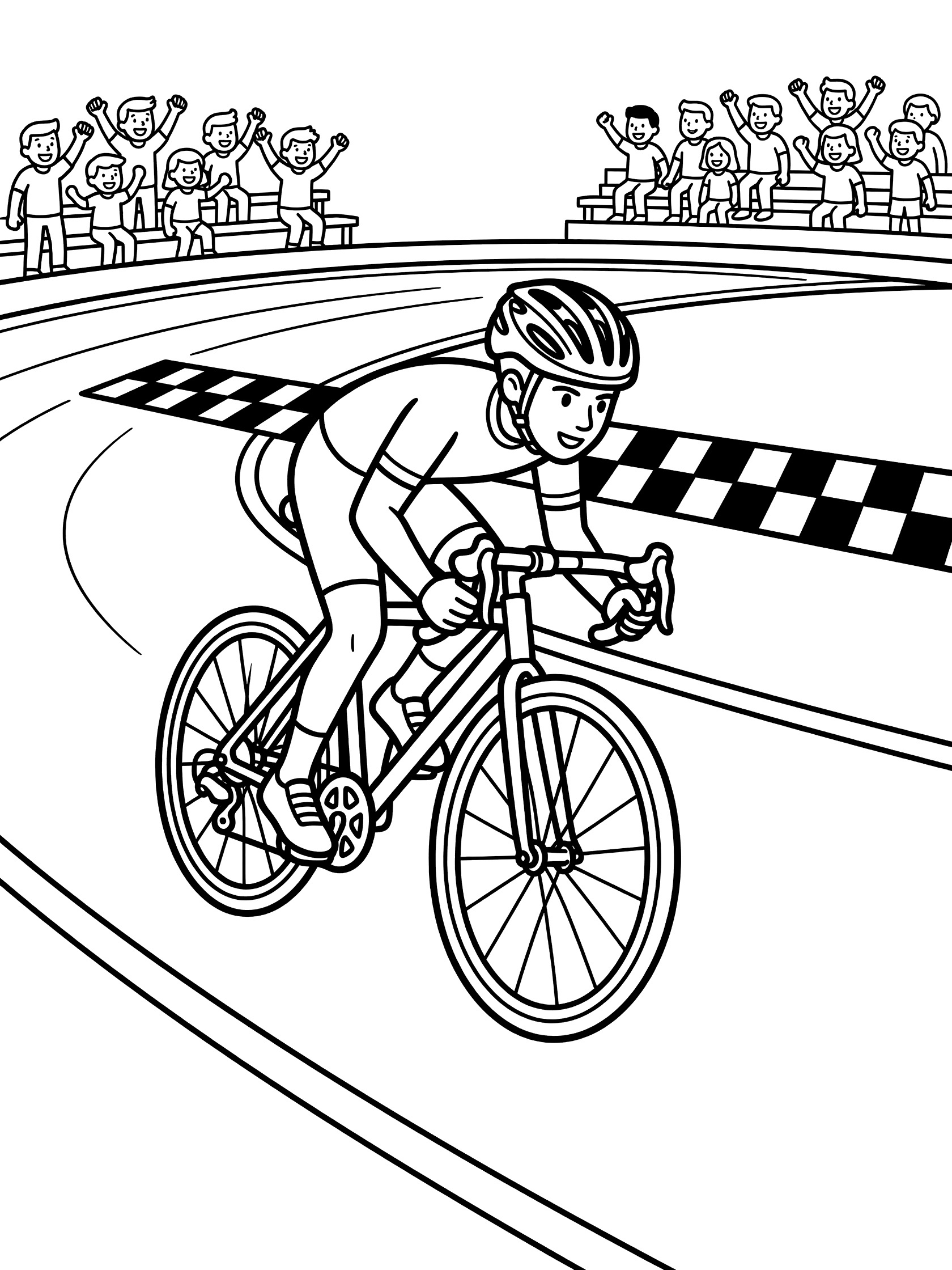 Black and white line art of a cyclist leaning forward on a bike, racing toward checkered finish line with spectators cheering from bleachers.