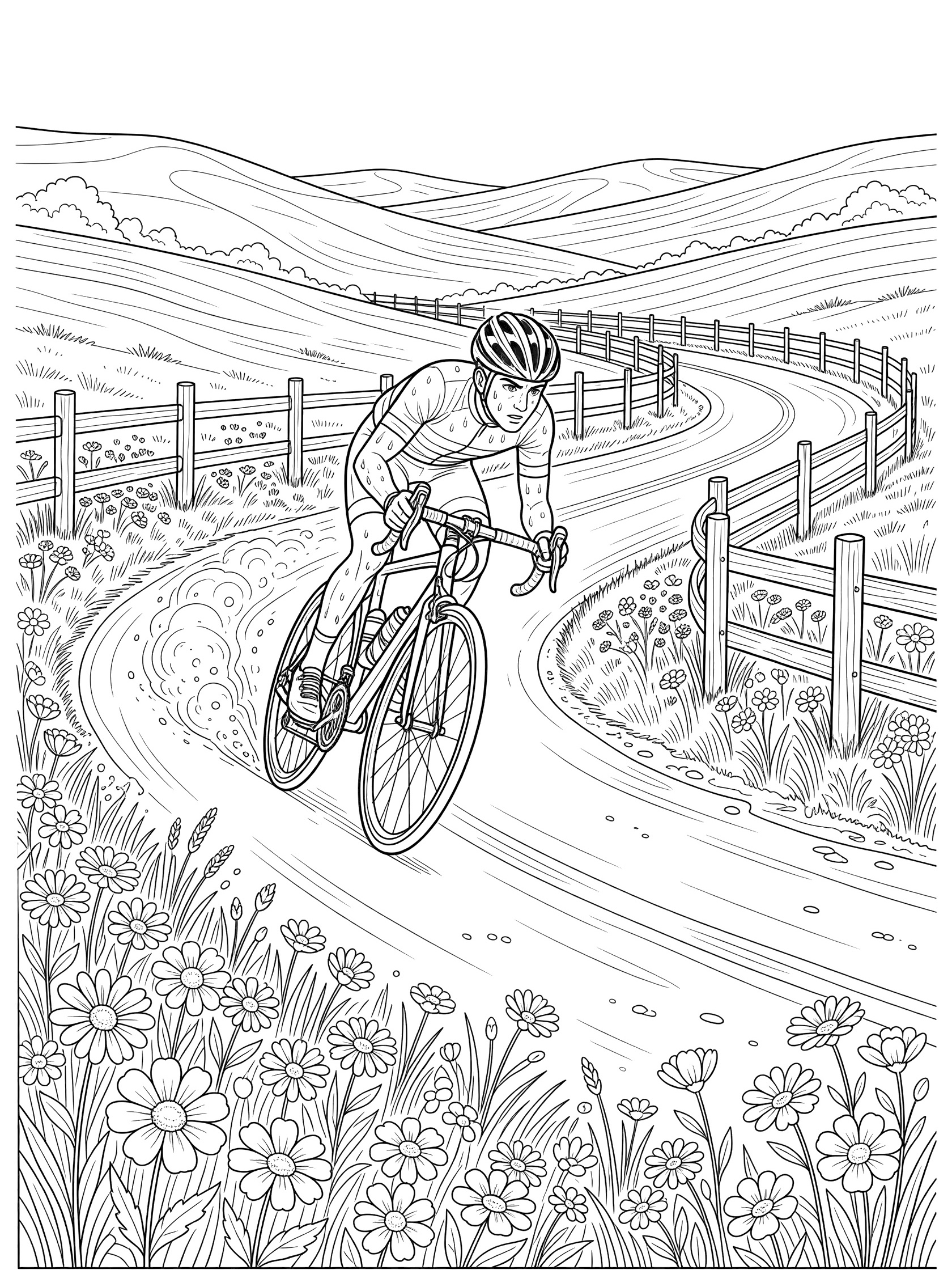 Black-and-white line art of a road race cyclist in helmet leaning sharply into a curve on a winding country road with roadside fences, wildflowers, and dust kicking up from the rear tire.