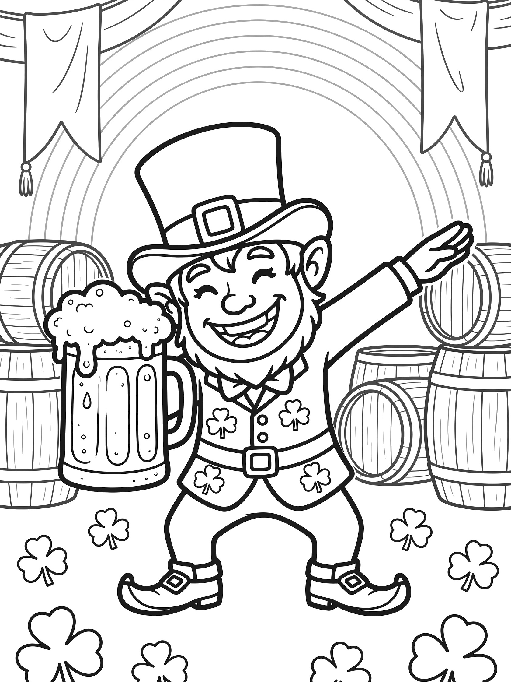 Black-and-white coloring page of a grinning leprechaun dabbing with a large overflowing beer stein, green hat, shamrock vest, buckled shoes, surrounded by shamrocks, wooden barrels, banners, and faint rainbow.