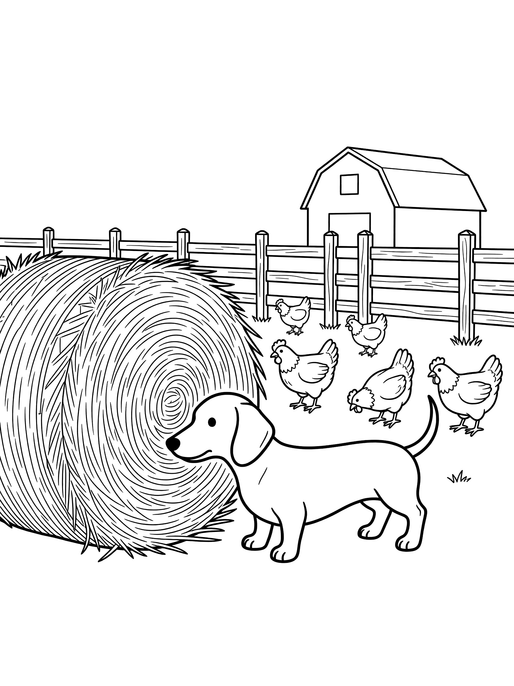 Black and white line art coloring page showing a curious dachshund dog next to a large hay bale, with chickens pecking around, a wooden fence, and a barn in the background.