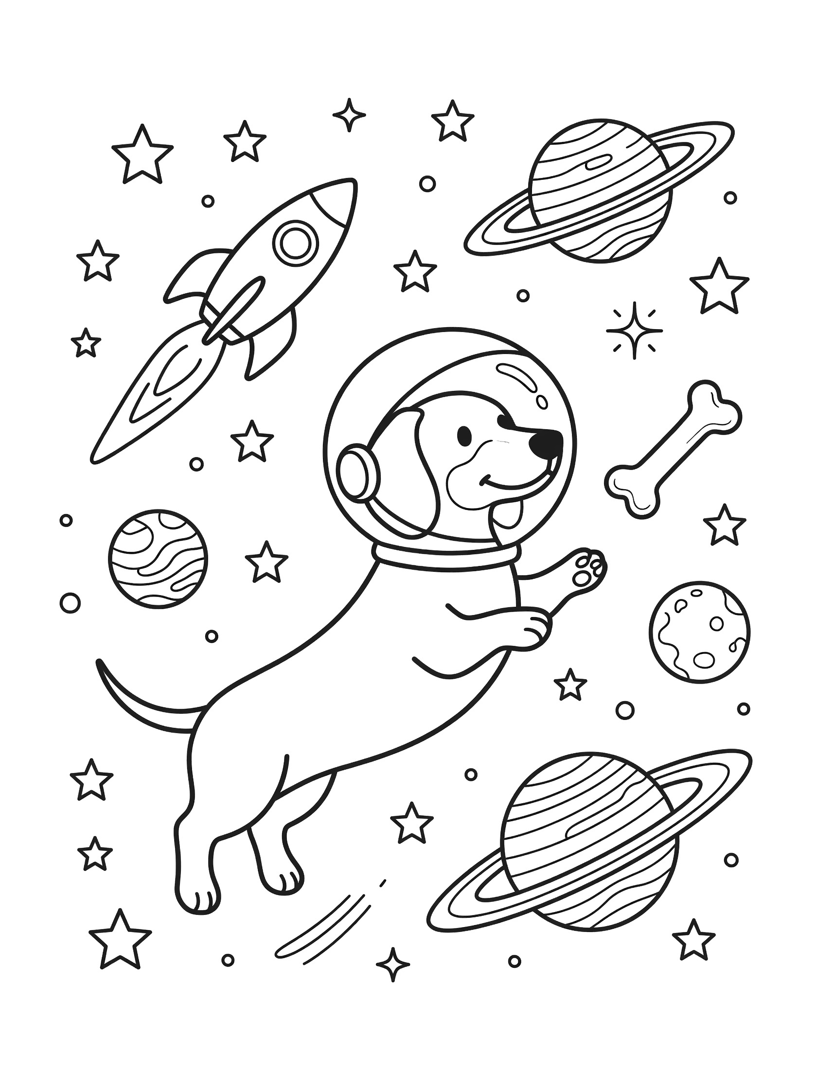 Black and white line art coloring page showing a dachshund dog wearing an astronaut helmet, floating with paws reaching for a bone, surrounded by stars, planets, and a rocket ship.